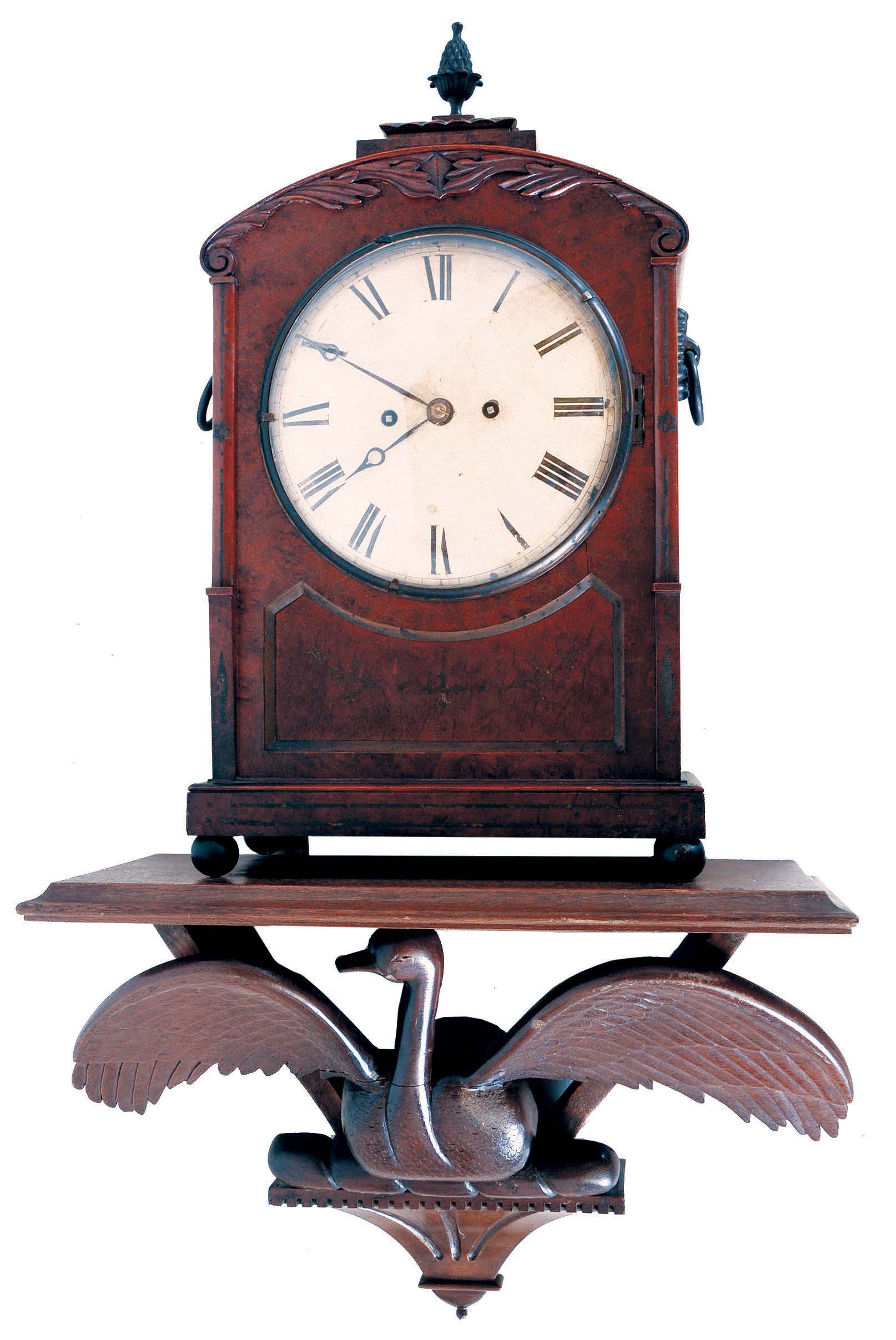 English Bracket Clock in a burl walnut case with brass inlay and a spring driven 8 days time and strike fusee movement. — Antique Clocks Price Guide