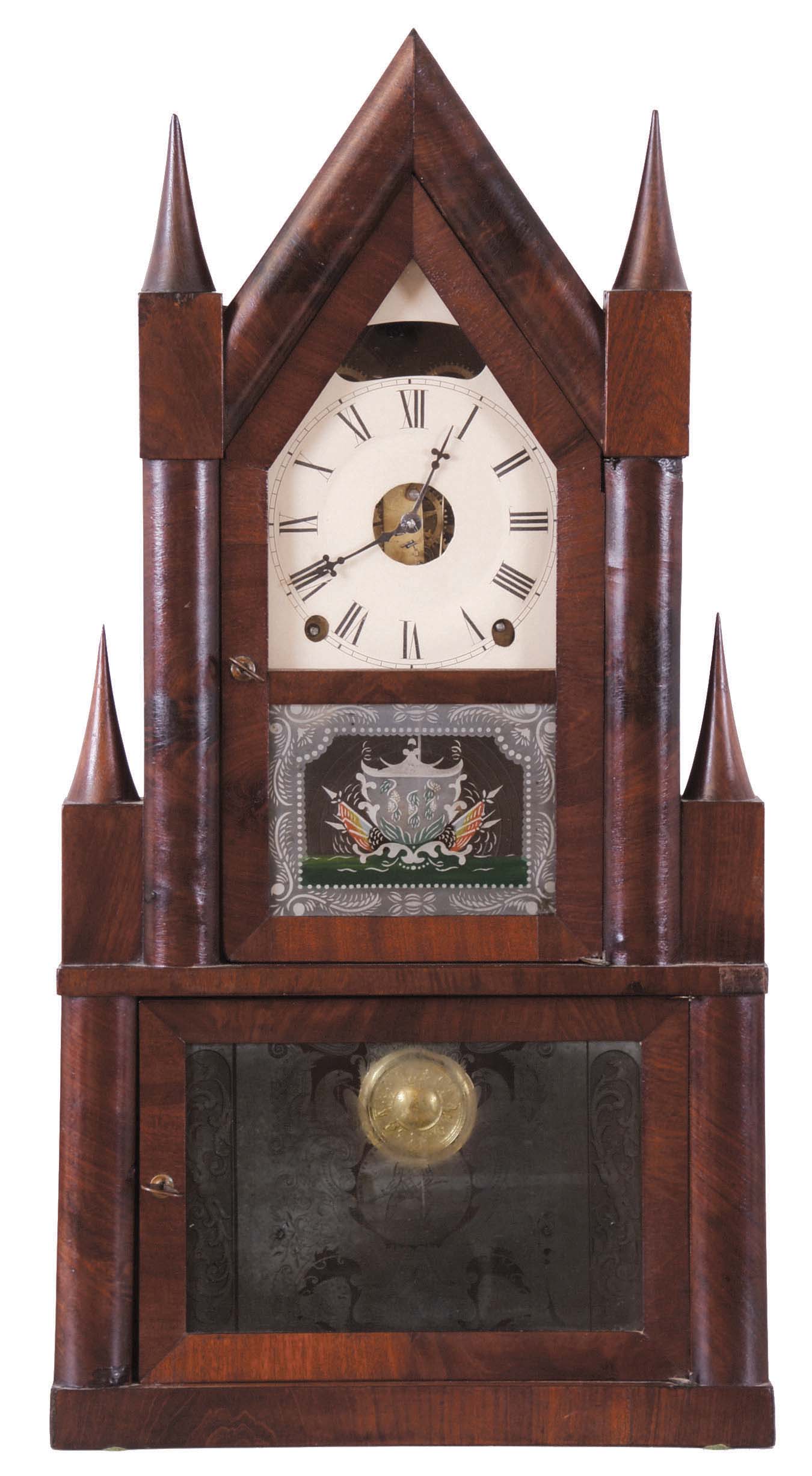 Terry & Andrews, Bristol, Conn., 8 days, time and strike spring brass movement steeple on frame or steeple on steeple shelf clock. — Antique Clocks Price Guide