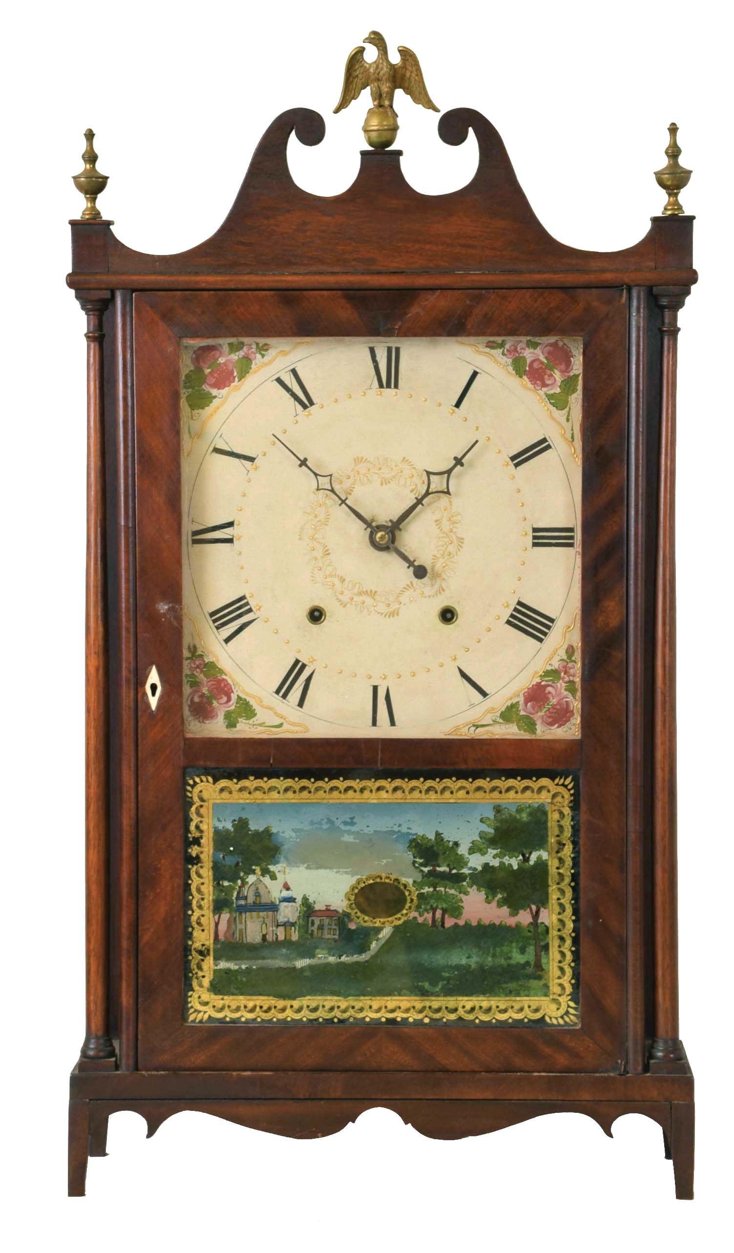 Samuel Terry, Bristol, Conn., 30 hour, time and strike weight wood movement pillar & scroll shelf clock. — Antique Clocks Price Guide