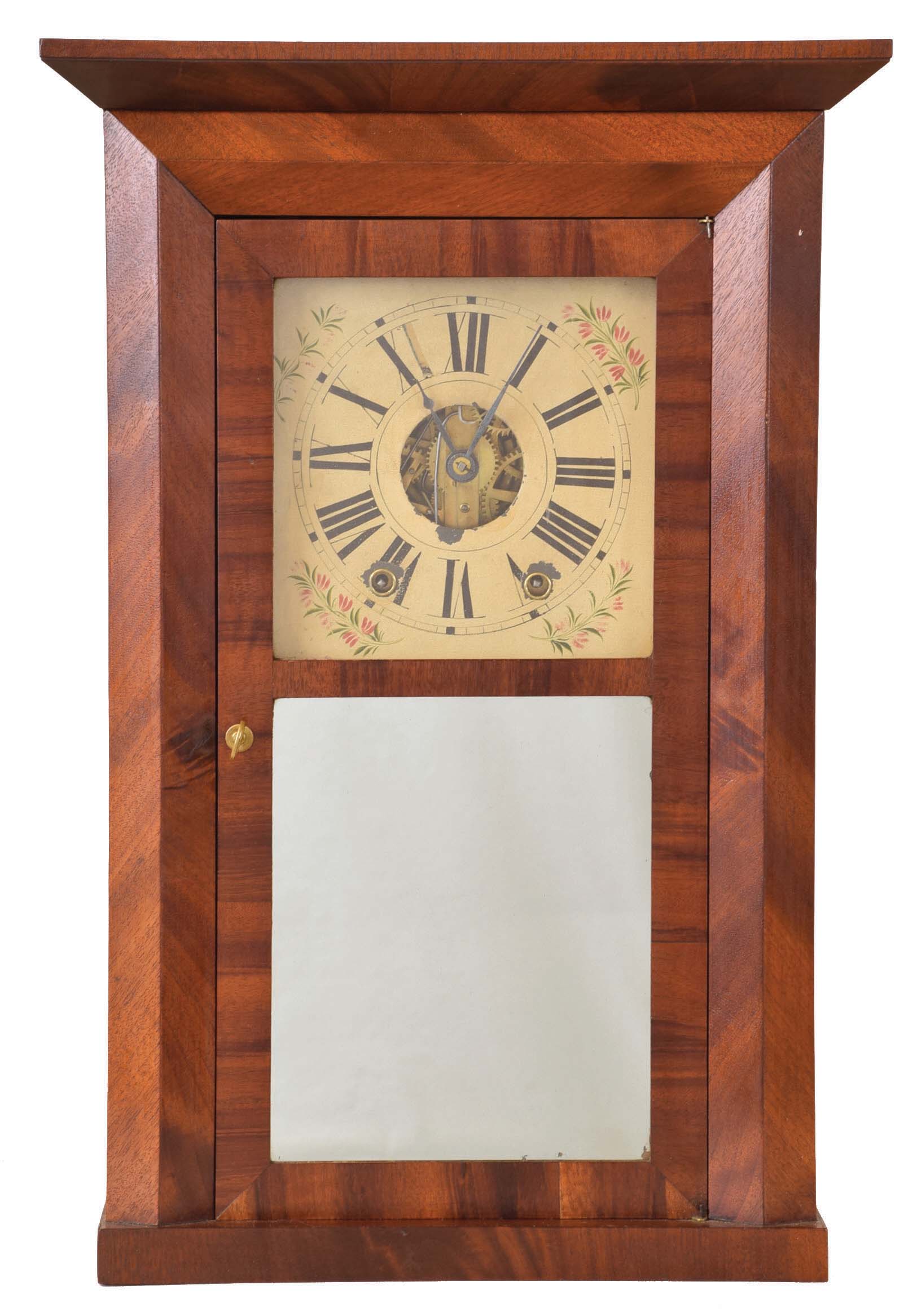 E. C. Brewster & Co., Bristol, Conn., 30 hours, time and strike spring iron back plate and brass movement beveled case cornice top shelf clock. — Antique Clocks Price Guide