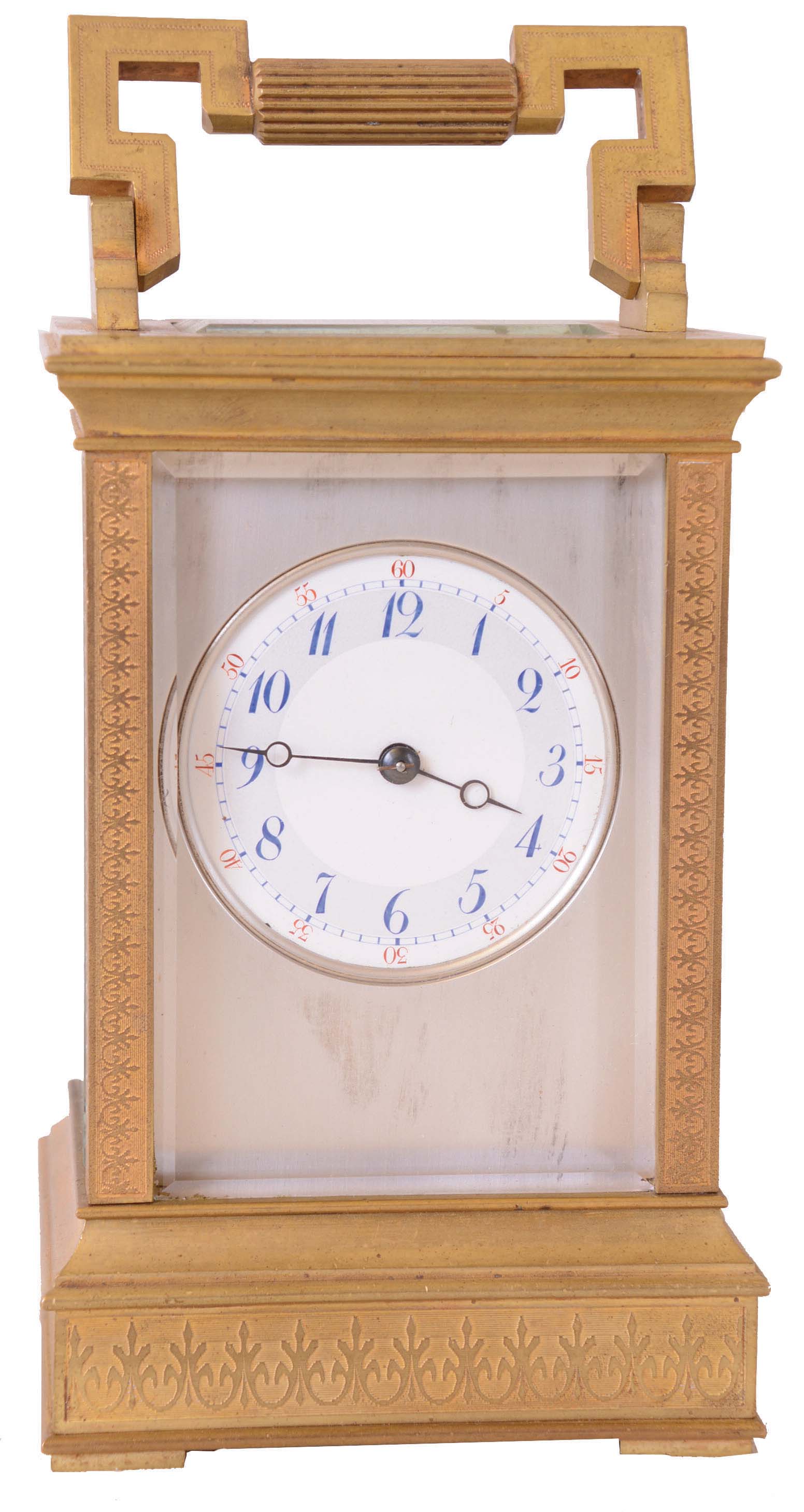France, carriage clock, Anglaise case with engraved, fleur de lis inspired ornament, and set with beveled glasses, Arabic numeral white enamel dial with silvered mask, blued steel Breguet style hands, 8 day time and strike movement with lever platform, counting the hours on a gong — Antique Clocks Price Guide
