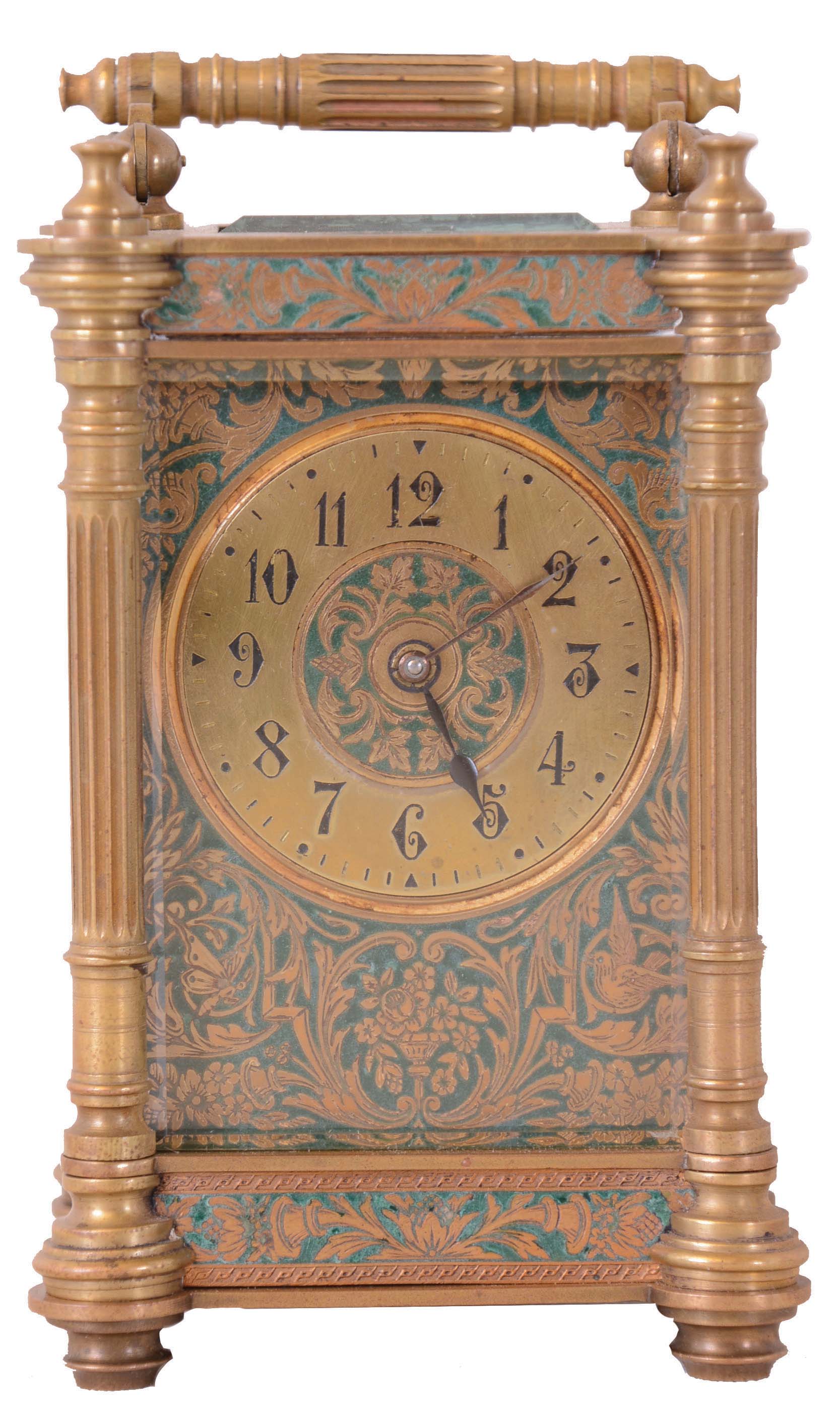 Carriage clocks- 2 (Two): The first with brass Corniche case, Arabic numeral white enamel dial, 8 day timepiece movement with cylinder escapement, signed "John Wanamaker", the other with engraved brass Pillars variant case with green enamel, beveled glasses, Arabic numeral metal dial, 8 day timepiece movement with lever platform — Antique Clocks Price Guide