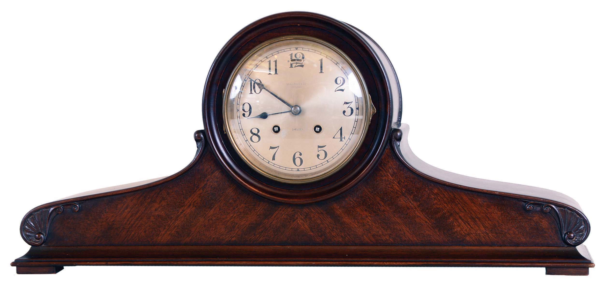 Chelsea Clock Co., Boston, Mass., for Spaulding & Co., Chicago, "Babro 31" mahogany tambour 8 day house strike mantel clock, serial number 109718, — Antique Clocks Price Guide