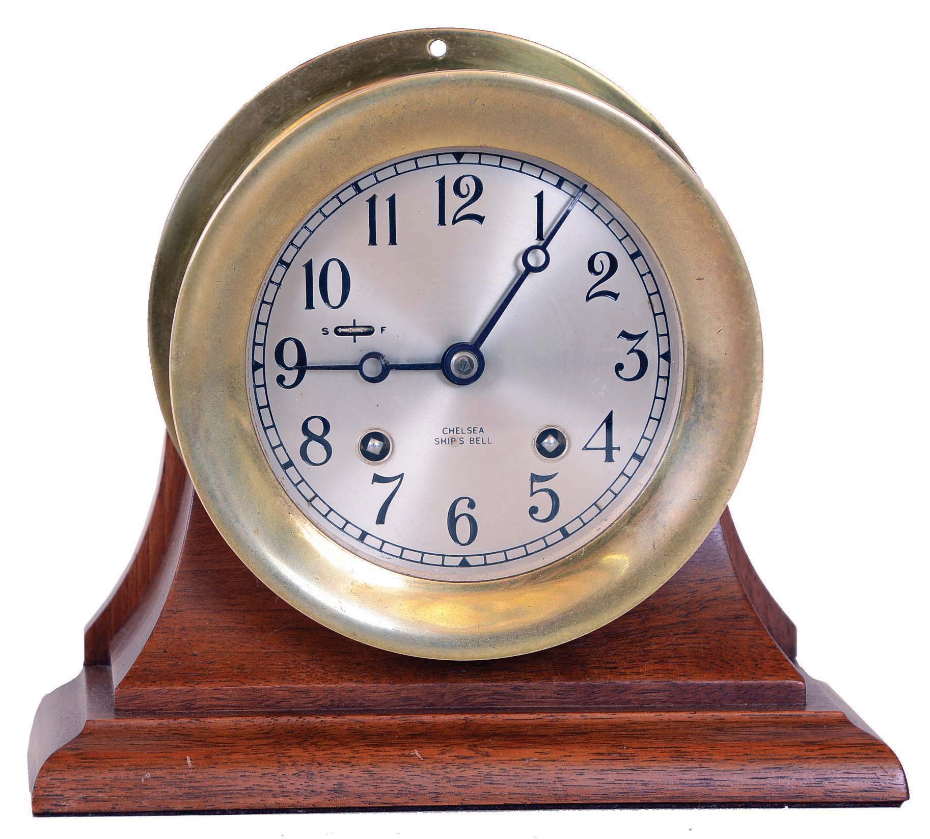 Chelsea Clock Co., Boston, Mass., 4" silvered dial screw bezel brass ship's bell marine clock on mahogany cradle, serial number 599151. — Antique Clocks Price Guide