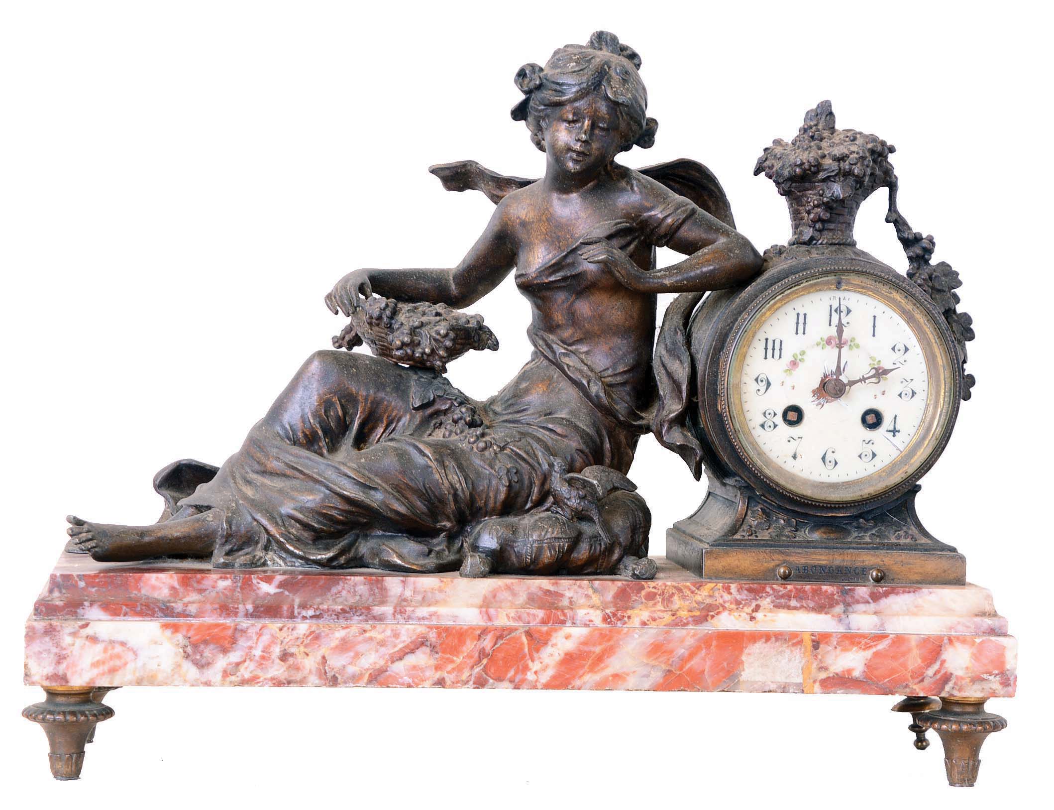 French marble and spelter "Abundance" by Moreau figural 8 day time and strike mantel clock — Antique Clocks Price Guide
