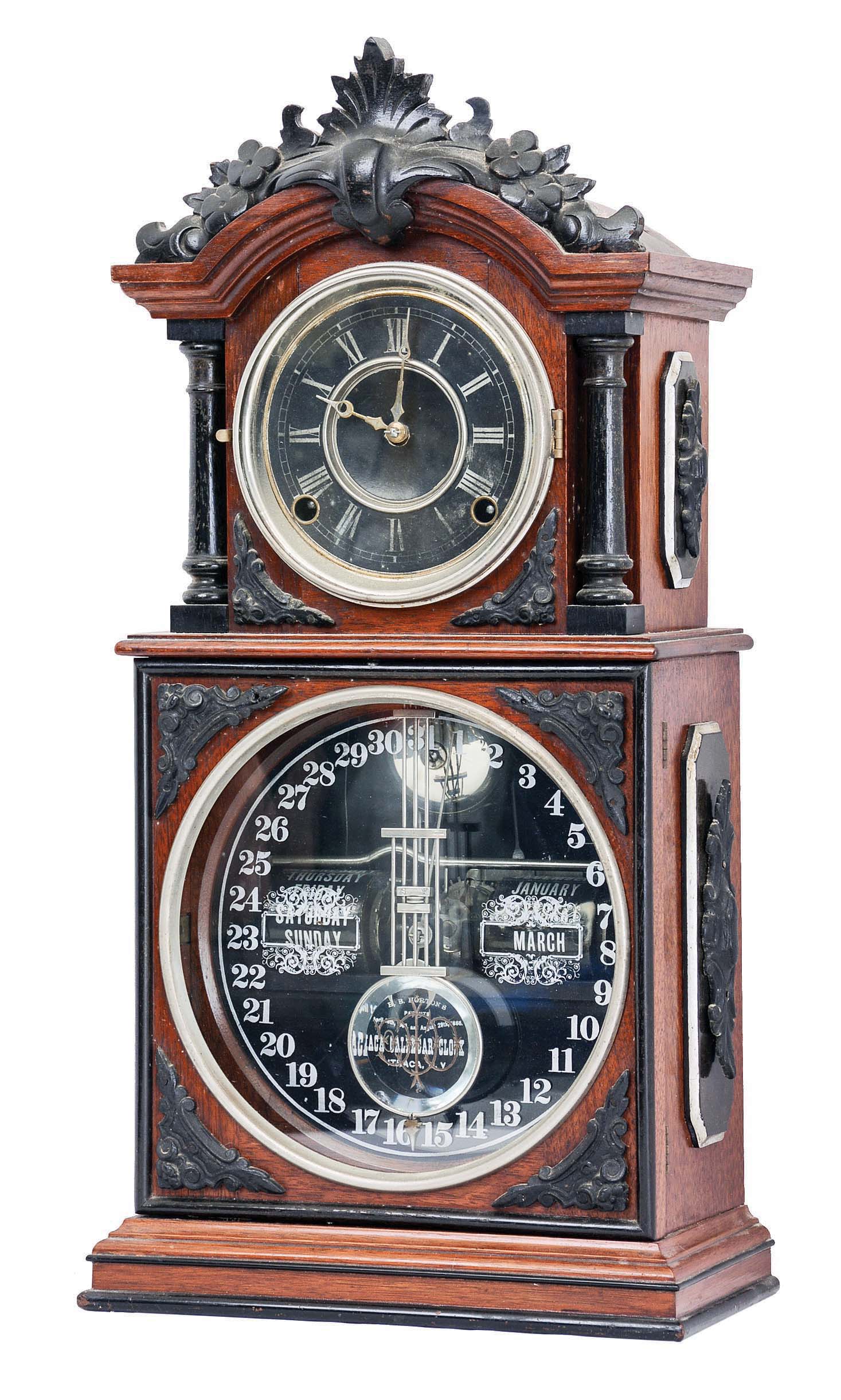 Ithaca Calendar Clock Co., Ithaca, NY, "No. 3 1/2 Parlor", 8 days, time and strike spring brass movement double dial calendar clock. — Antique Clocks Price Guide
