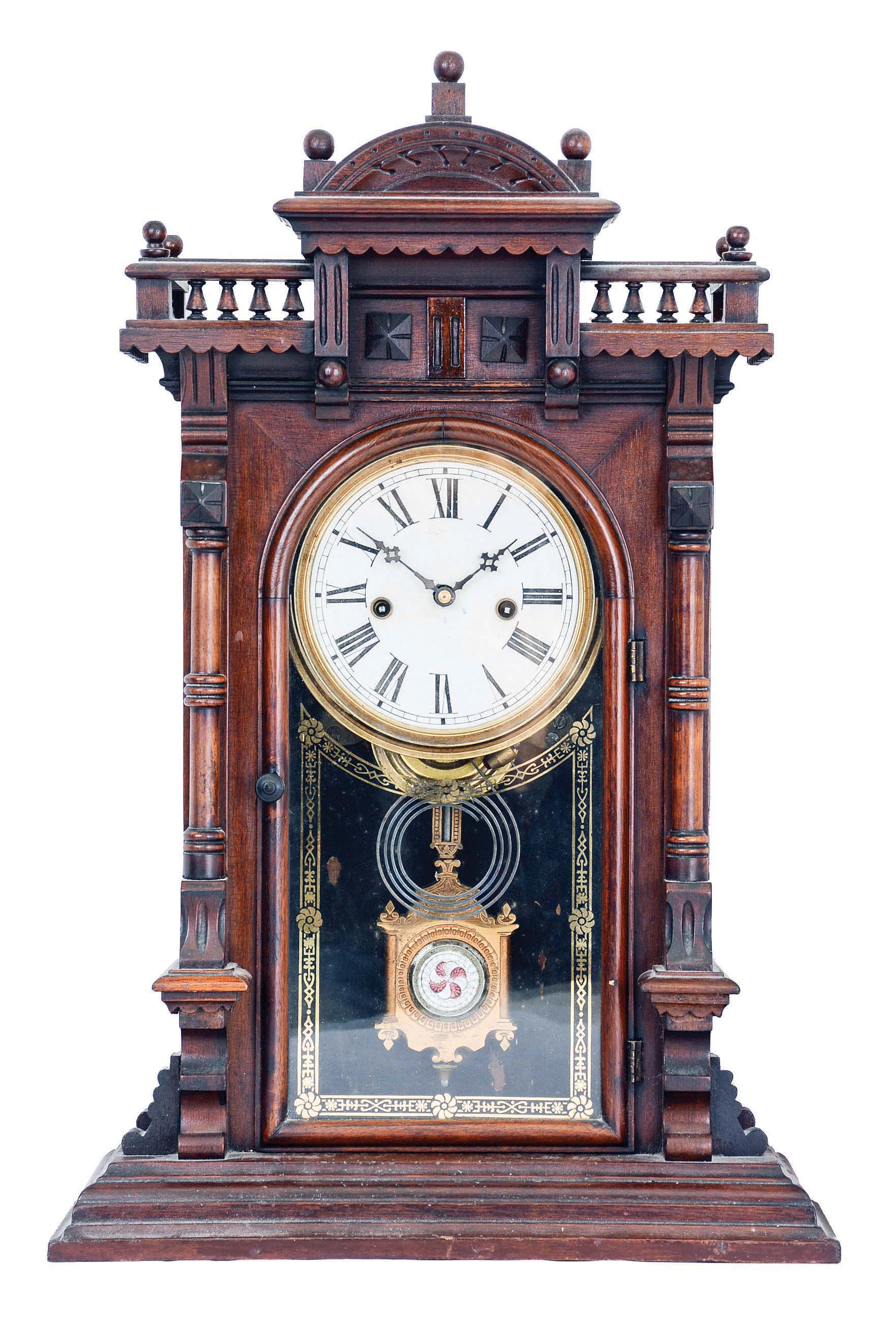 Welch, Spring & Co., Forestville, Conn., "Nilsson" mantel clock with an 8 day spring driven time and half hour strike with "Patti"-style movement in a polished black walnut case. — Antique Clocks Price Guide