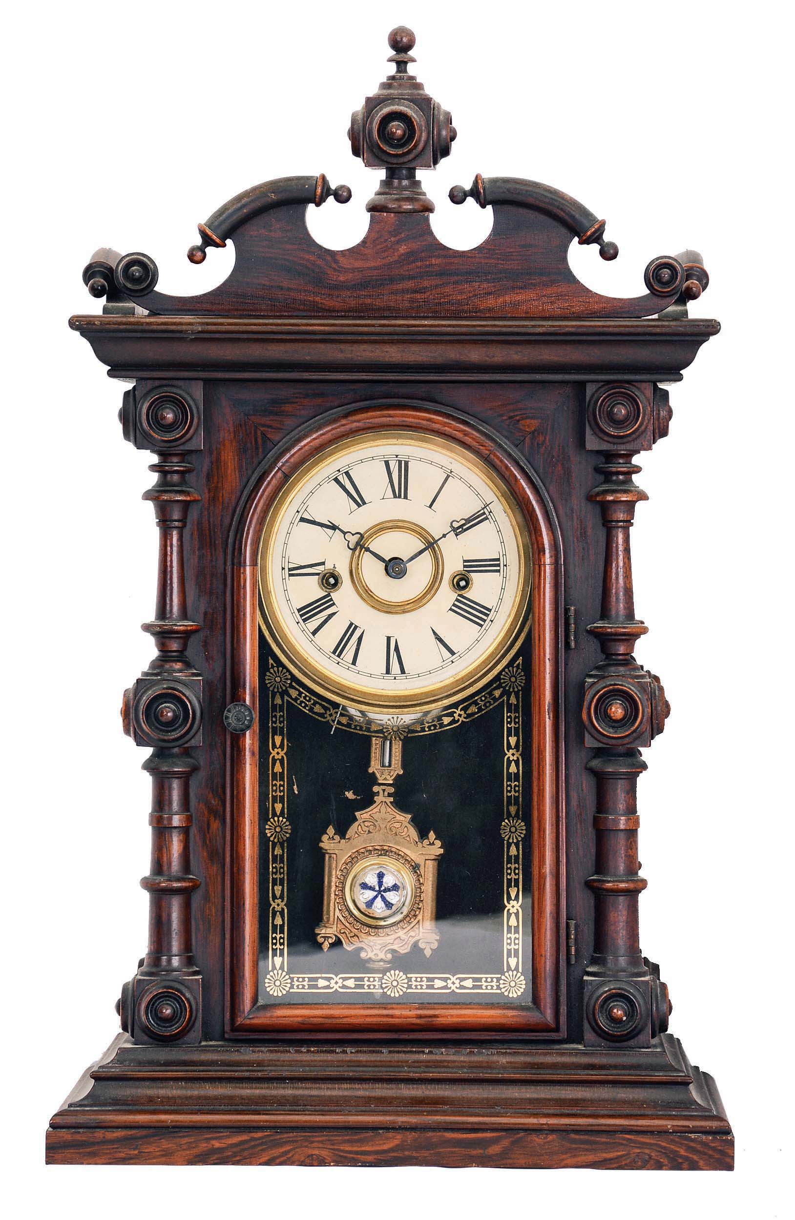 Welch, Spring & Co., Forestville, Conn., "Cary VP" mantel clock with an 8 day spring driven time and strike with "Patti"-style movement in a rosewood and rosewood veneered case. — Antique Clocks Price Guide