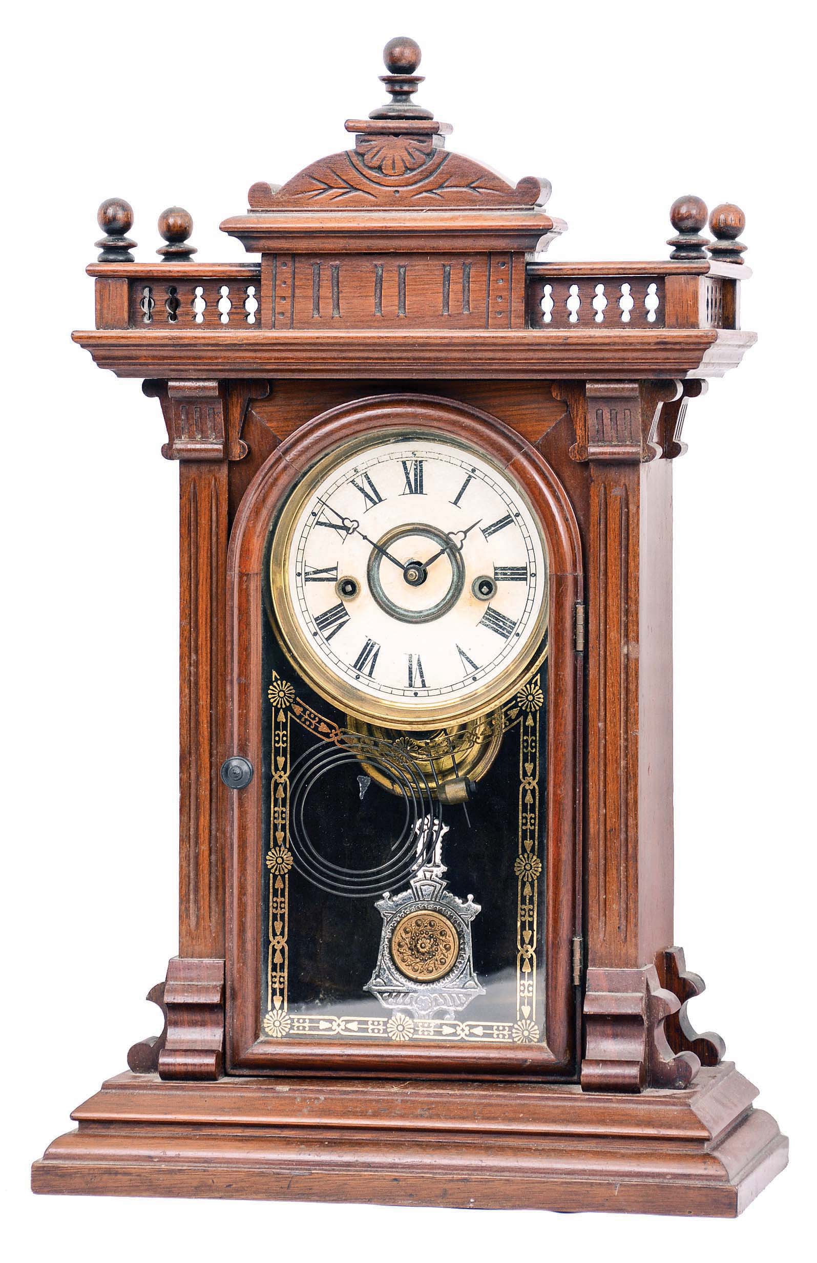 Welch, Spring & Co., Forestville, Conn., "Scalchi" mantel clock with an 8 day spring driven time and strike with "Patti"-style movement in a polished black walnut case. — Antique Clocks Price Guide