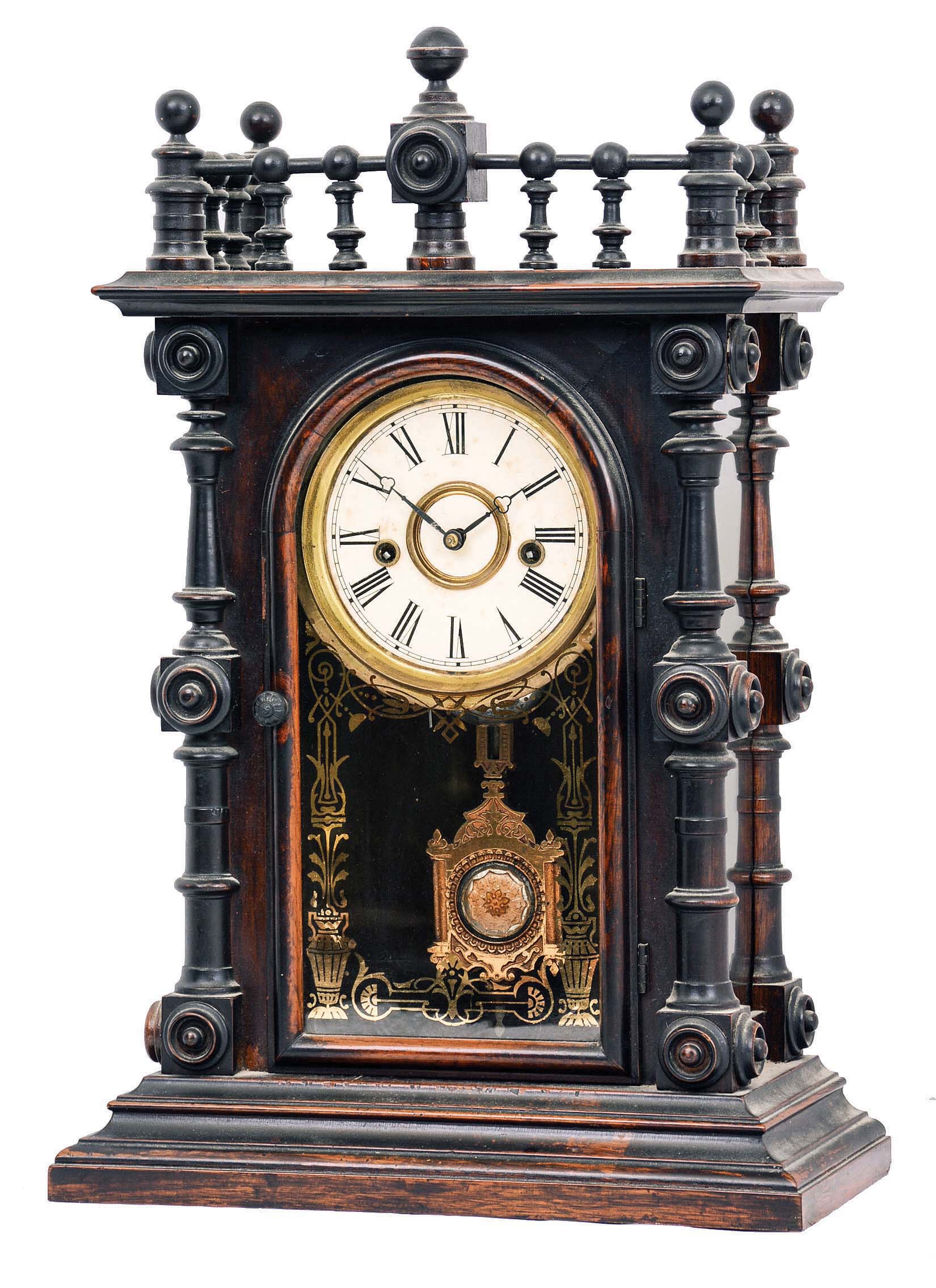 Welch, Spring & Co., Forestville, Conn., "Gerster, V.P.", 8 day, time and strike spring brass shelf clock with "Patti"-style movement. — Antique Clocks Price Guide