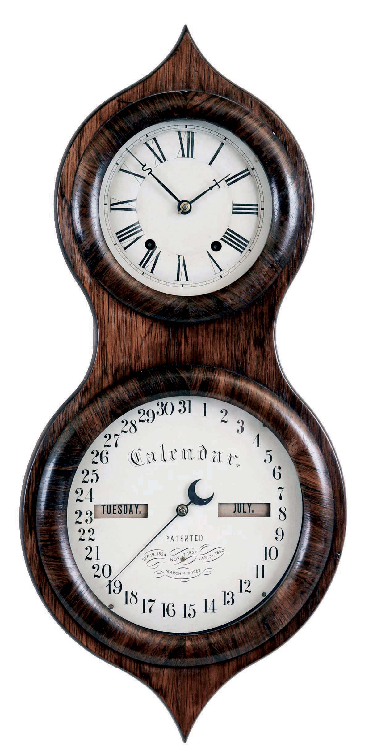 Seth Thomas Clock Co., Plymouth Hollow, Conn., "Office Calendar No. 3" (often called "peanut") with an 8 day, time only, double spring driven brass movement with perpetual calendar mechanism (Mix Brothers patent) in a rosewood veneered case. — Antique Clocks Price Guide