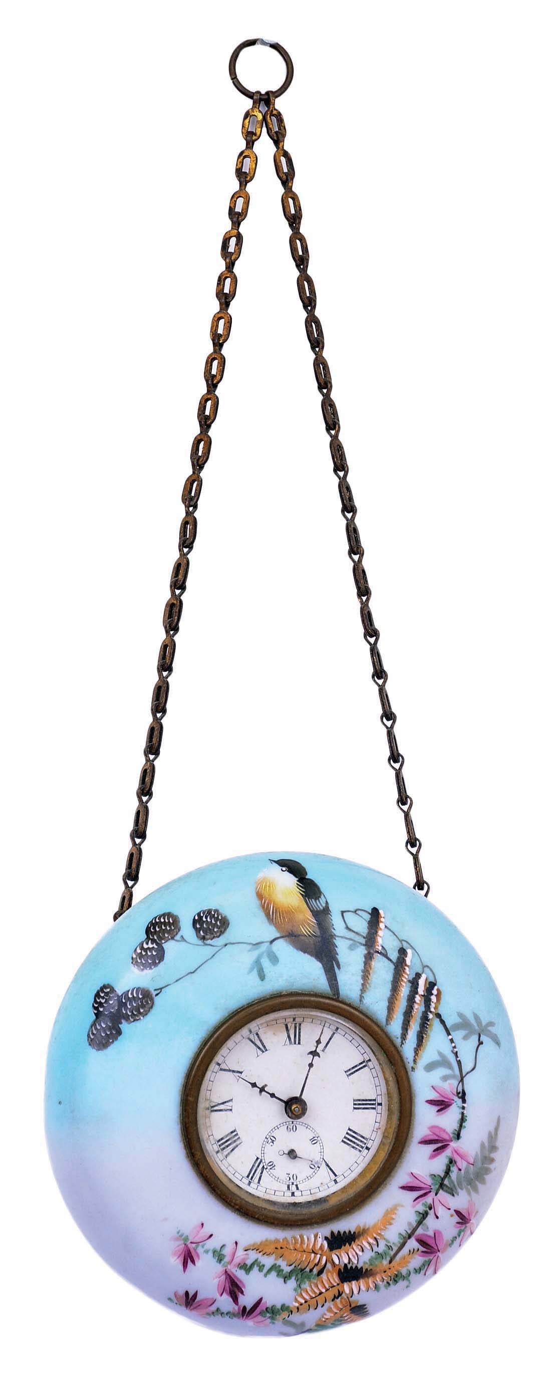 E. N. Welch Mfg. Co., Forestville, Conn., "Chatelaine" hanging clock with 30 hour timepiece movement in a hand painted porcelain case. — Antique Clocks Price Guide