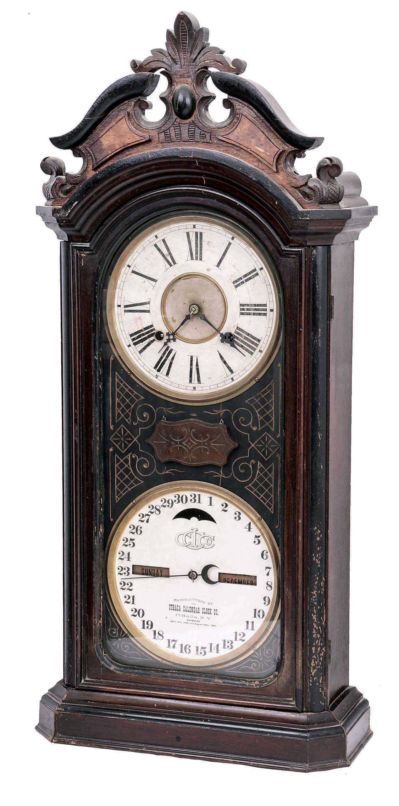 Ithaca Calendar Clock Co., Ithaca, NY, "Favorite No. 4 1/2" with 8 day, spring driven E. N. Welch time and strike movement and Ithaca calendar clock mechanism in a walnut case.. — Antique Clocks Price Guide