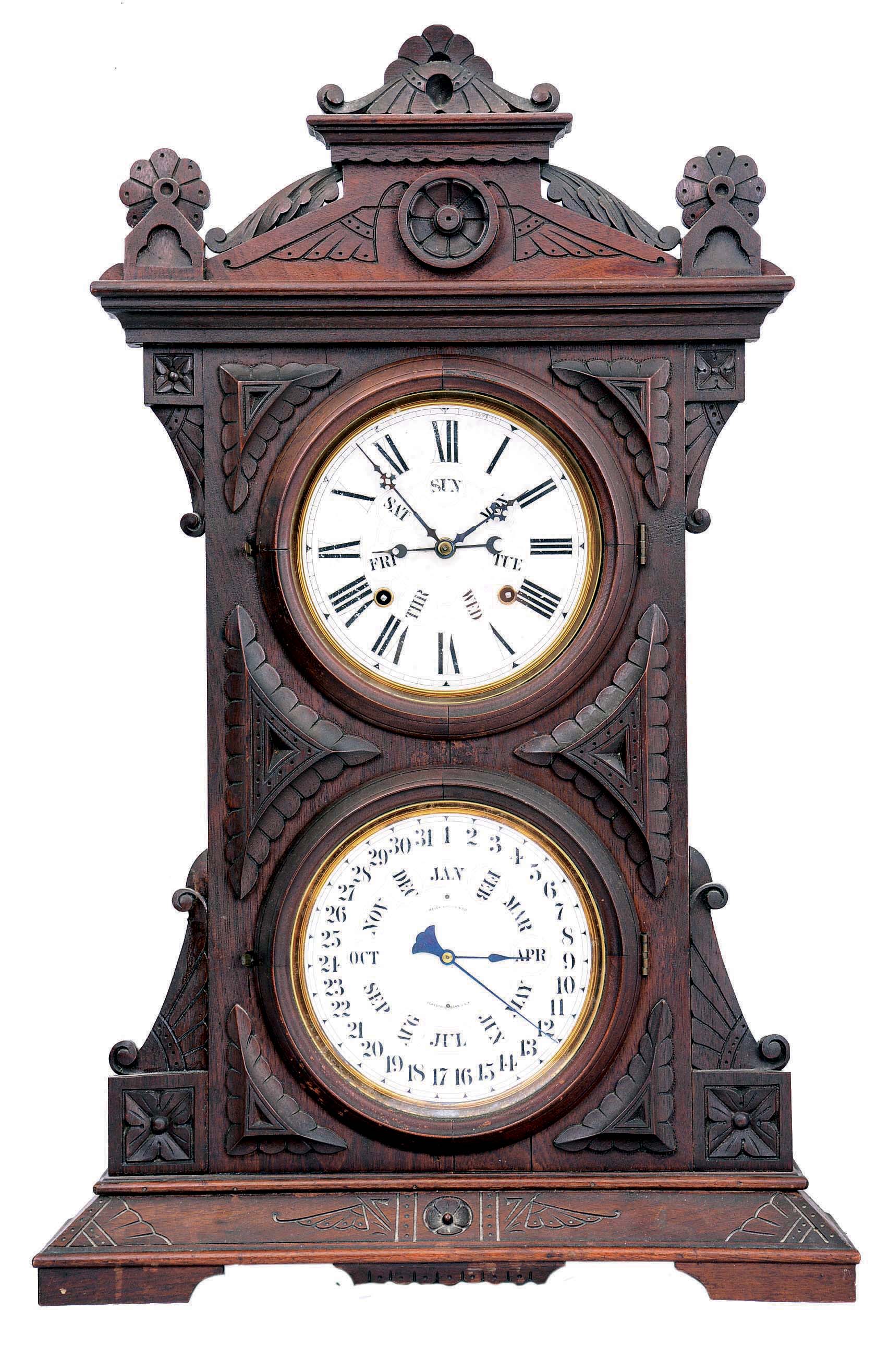 Welch, Spring & Co., Forestville, Conn., "Audrian, B.W.", 8 day, time and strike, spring brass movement double dial calendar clock. — Antique Clocks Price Guide