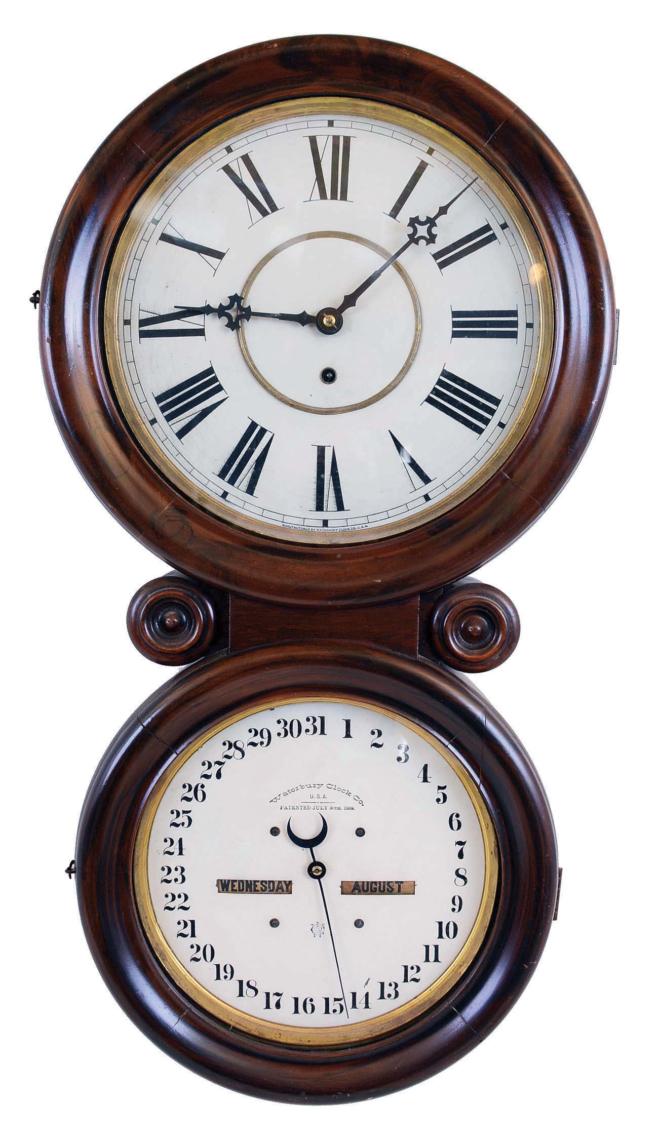 Waterbury Clock Co., Waterbury, Conn., "Calendar No. 34", 8 day, double dial calendar wall timepiece. — Antique Clocks Price Guide