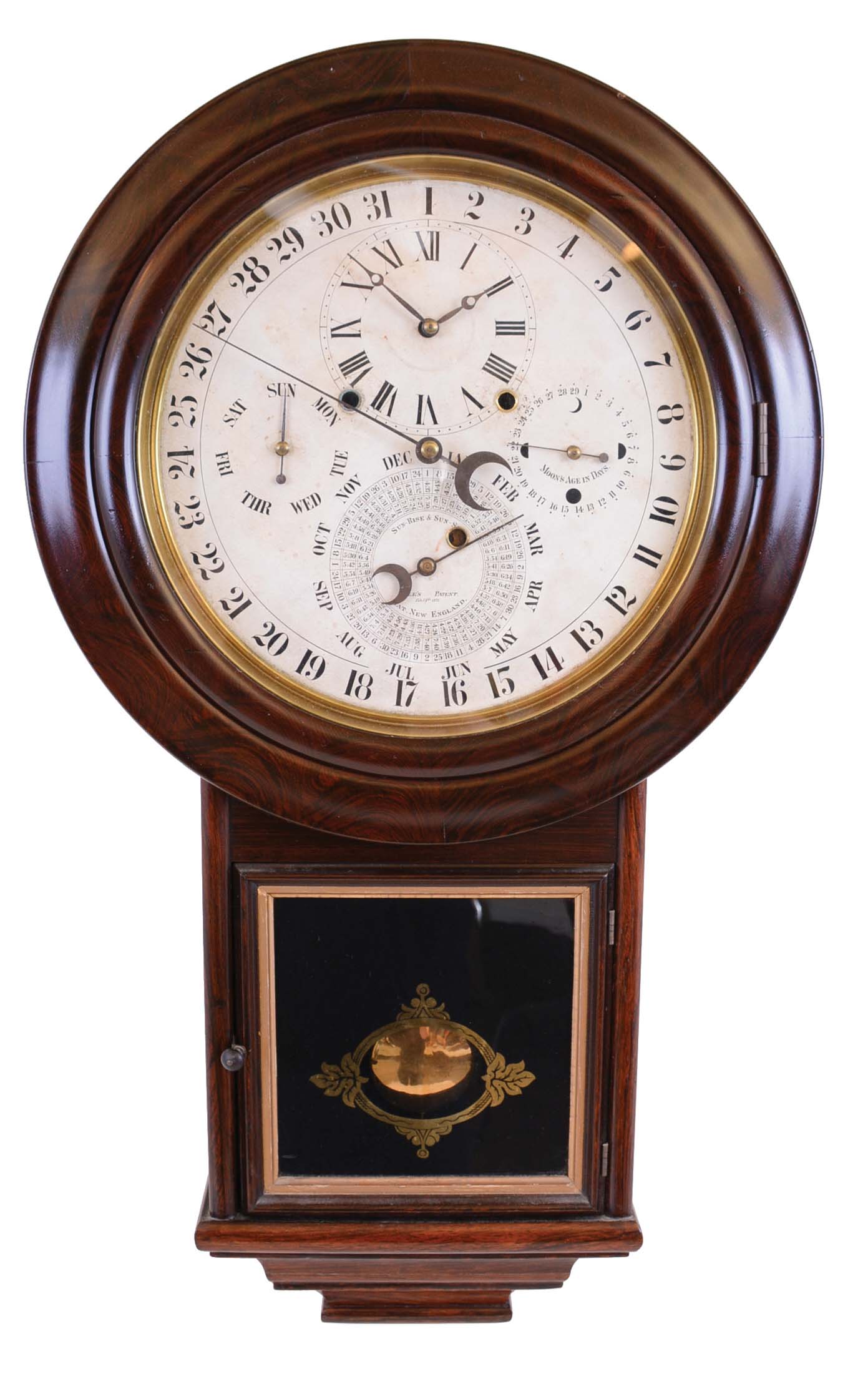 Welch, Spring & Co., Forestville, Conn., "Gale Drop Calendar Model No. 2", 8 day, time and strike, spring brass movement wall clock with Daniel J. Gale's patent calendar. — Antique Clocks Price Guide