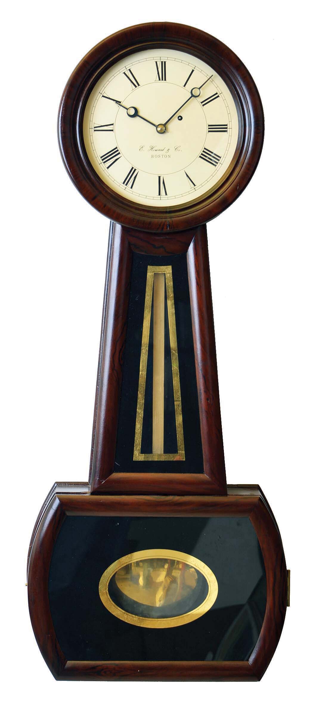E. Howard & Co., Boston, Mass., "No. 2 Regulator" (next to largest) banjo wall timepiece, weight driven, in a cherry case, with restorations. — Antique Clocks Price Guide