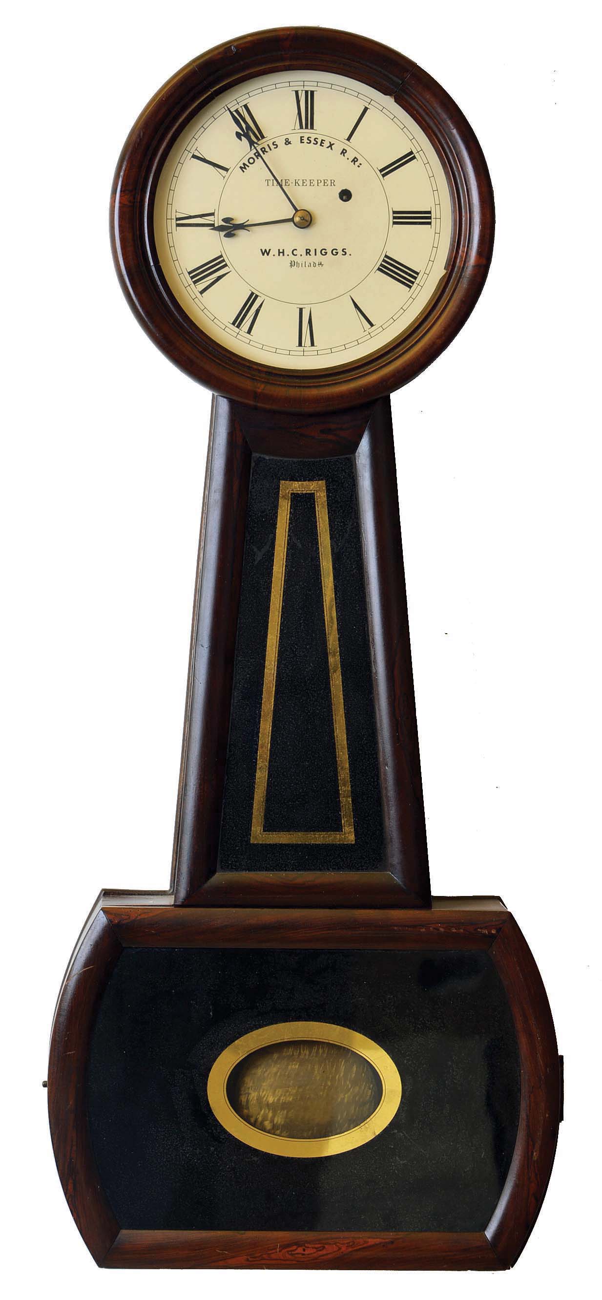 W.H.C. RIGGS, Philadelphia, #3 size banjo timepiece, as manufactured by Howard of Boston for them, the dial now with Riggs name and Morris & Essex RR. — Antique Clocks Price Guide