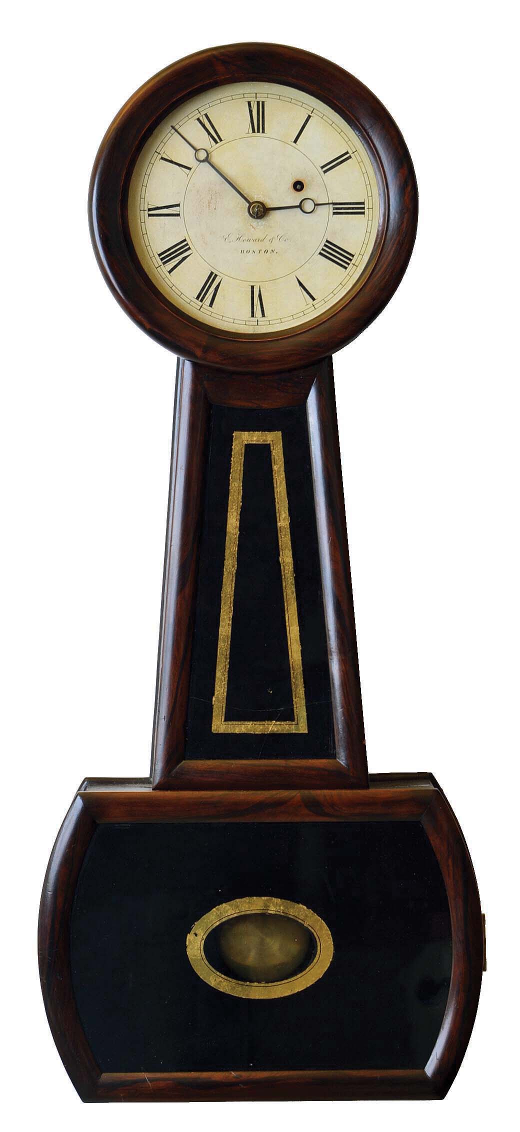 E. Howard & Co., Boston, Mass., "Regulator No. 4" banjo wall clock, weight driven timepiece in a cherry case with rosewood graining and movement stamped "A. Howard". — Antique Clocks Price Guide