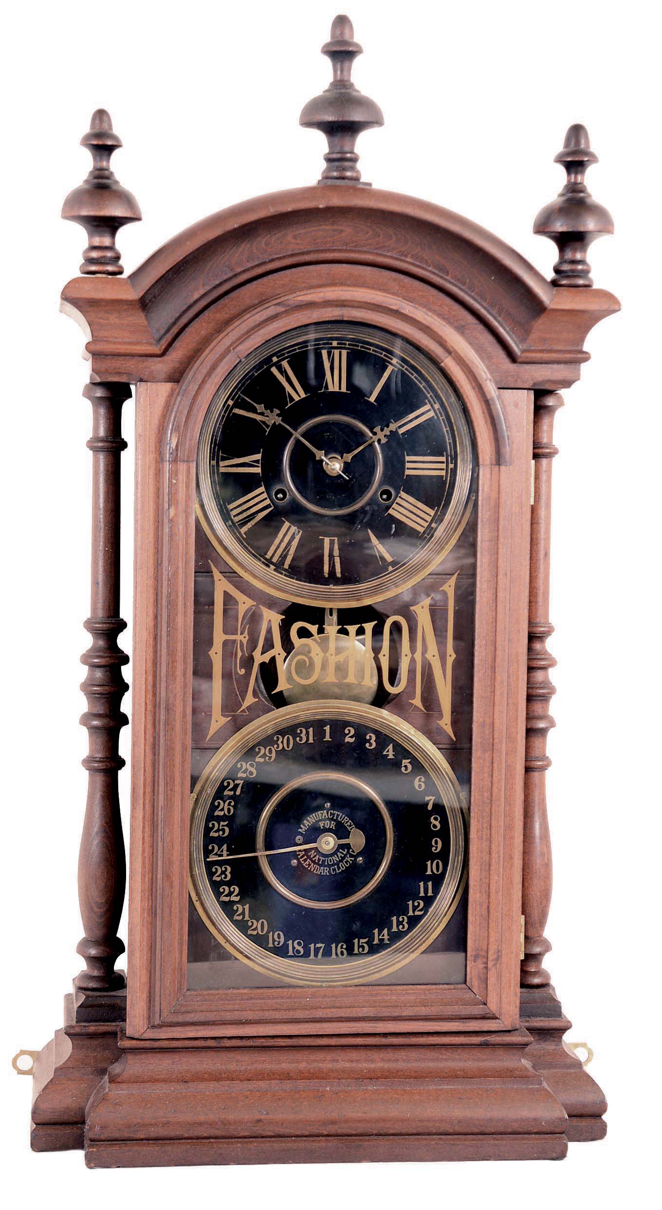 National Calendar Clock Co., "Fashion" shelf clock with a spring driven 8 day, time and half hour strike movement (New Haven Clock Co.) and a simple calendar mechanism. — Antique Clocks Price Guide