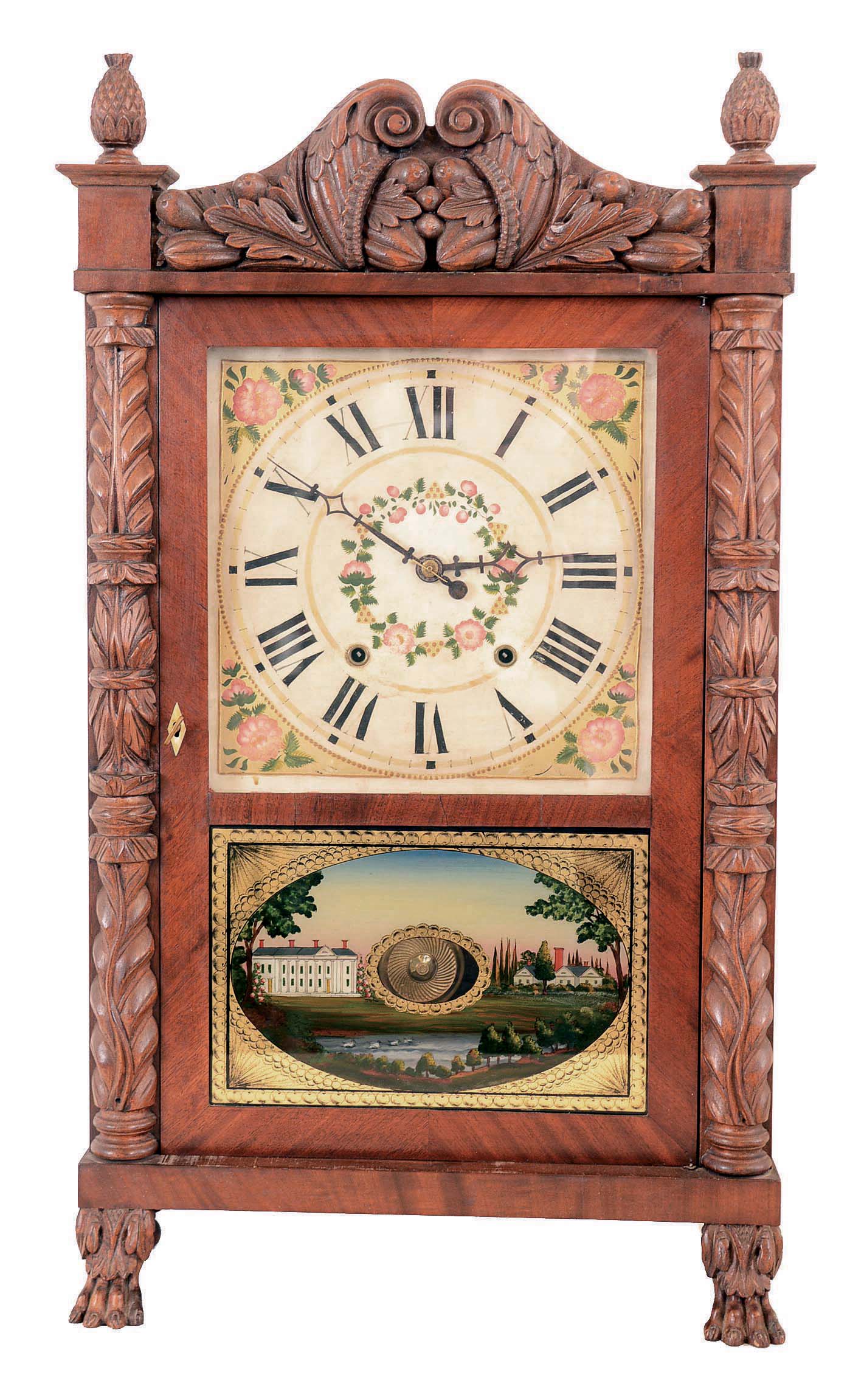 Atkins & Downs, Bristol, Conn., 30 hour, time and strike weight wood movement carved column and splat shelf clock. — Antique Clocks Price Guide