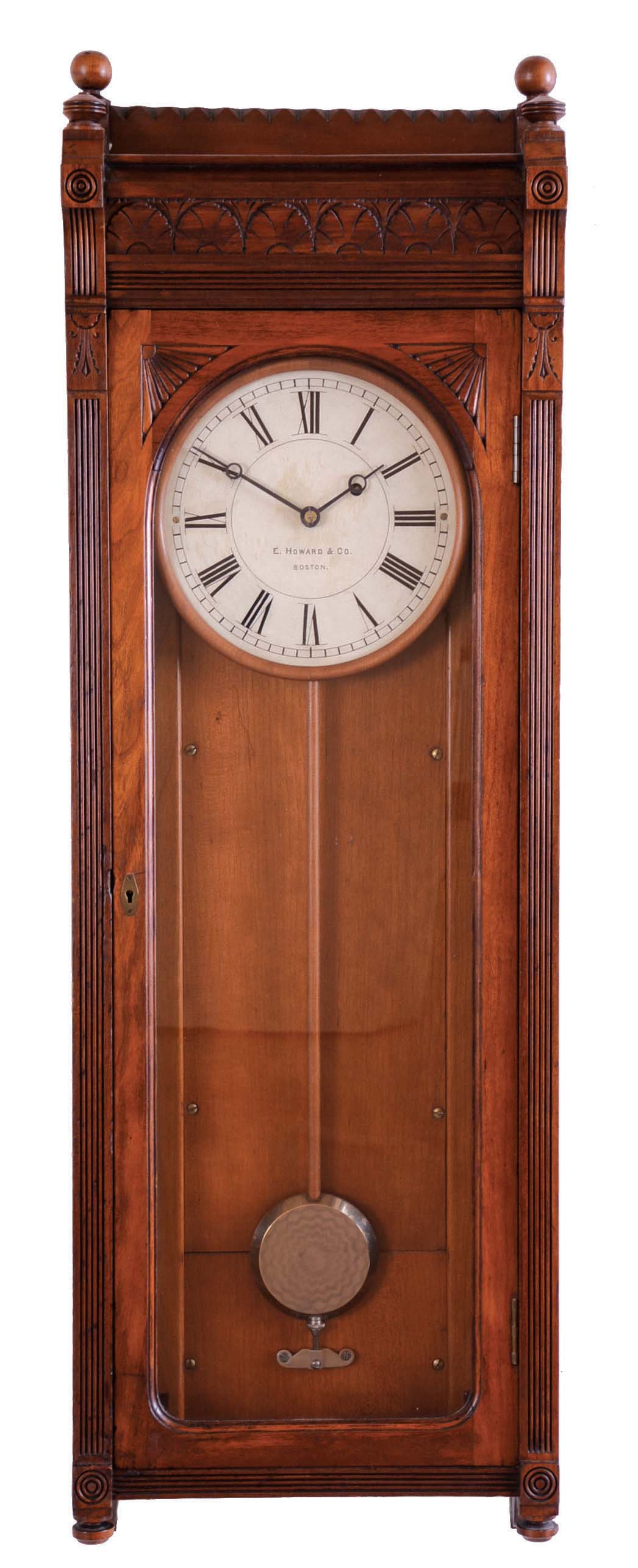 E. Howard & Co., Boston, Mass., "Regulator No. 58" wall hanging clock with a weight driven 8 day timepiece movement in a cherry case. — Antique Clocks Price Guide