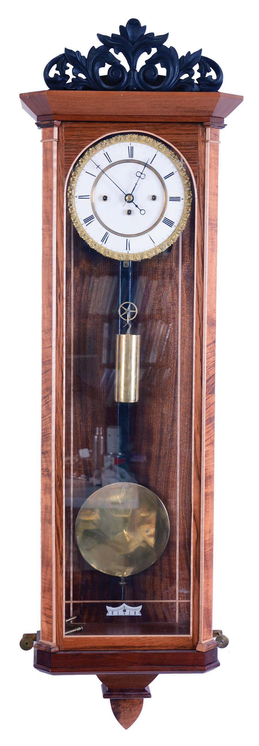 L.L. Hurst, Centennial, Colorado, Vienna regulator wall clock, a period Austrian made 8 days, time, strike and 1/4 chime, single brass weight and double spring driven movement with sweep seconds in mahogany and other figured woods case and a white enamel two part dial with cast brass pie crust bezel. Signed L.L. Hurst and dated on back by maker, 2006 — Antique Clocks Price Guide