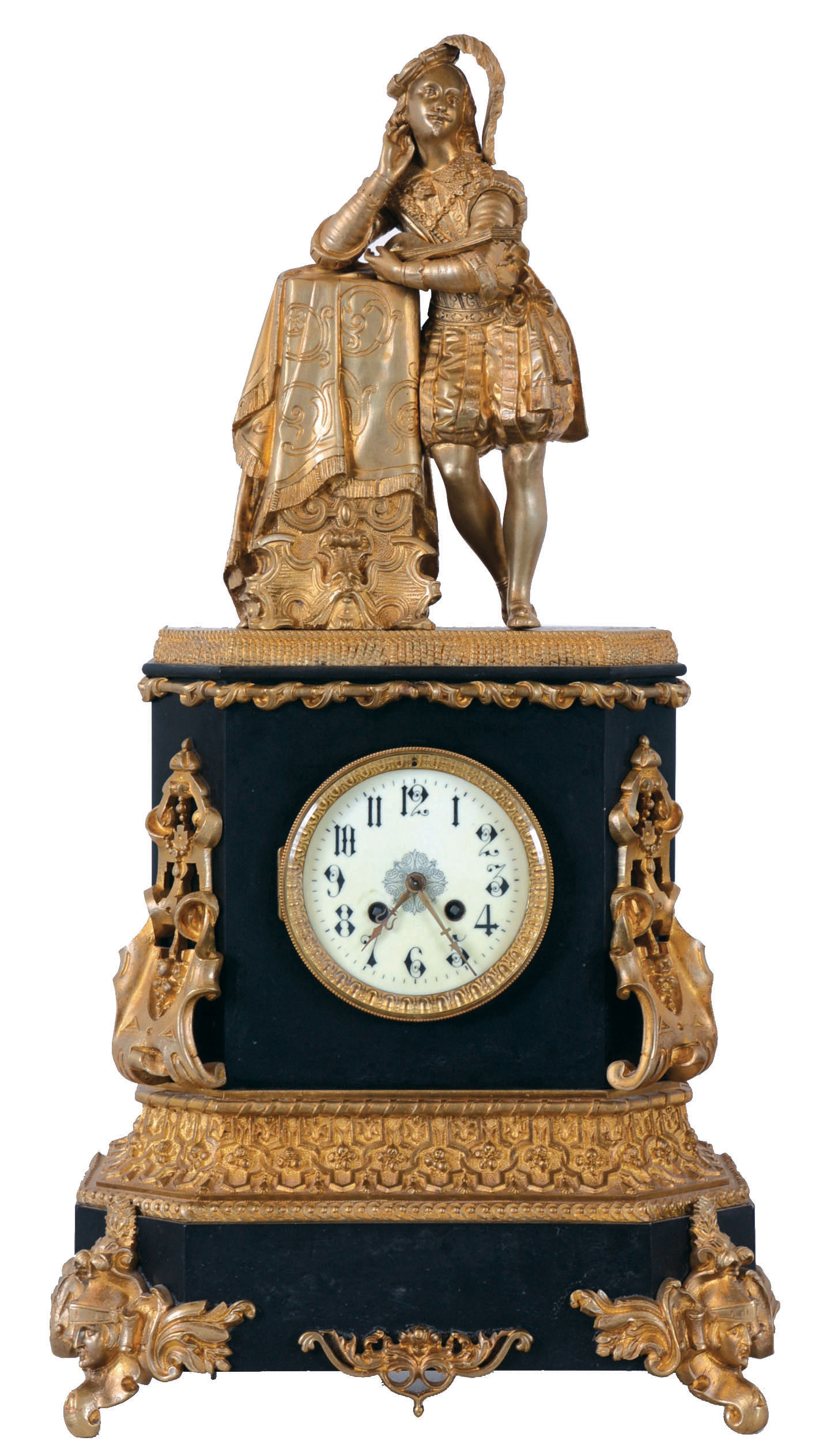 Japy Freres, Paris, France, figural mantel clock, 8 days, time and strike, spring driven movement in a slate and brass topped and banded case with additional brass trim and surmounted by troubadour cradling his lyre with cream enamel dial. — Antique Clocks Price Guide