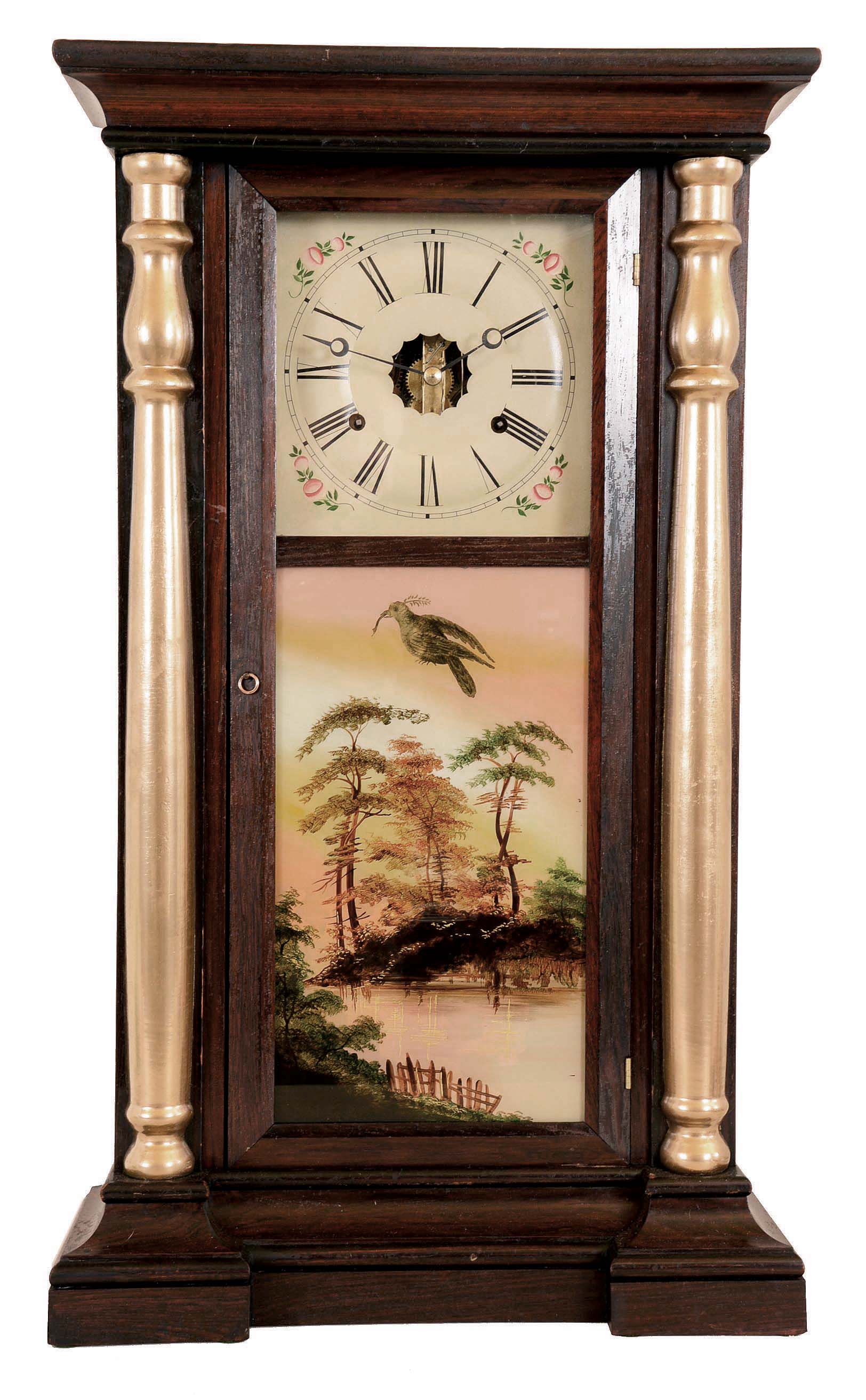 S. C. Spring & Co., Bristol, Conn "Column" shelf clock with a weight driven 8 day, time and strike Ives-style strap brass movement in a rosewood veneered case. — Antique Clocks Price Guide