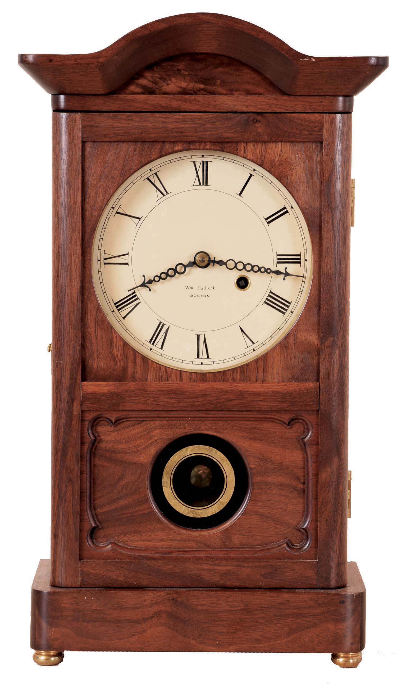Wm. Hadlock, Boston, Mass., 8 days, time only spring driven period movement in a professionally made, custom, well figured mahogany shelf clock case with reverse painted tablet and painted metal dial with girandole hands, movement c1840 — Antique Clocks Price Guide