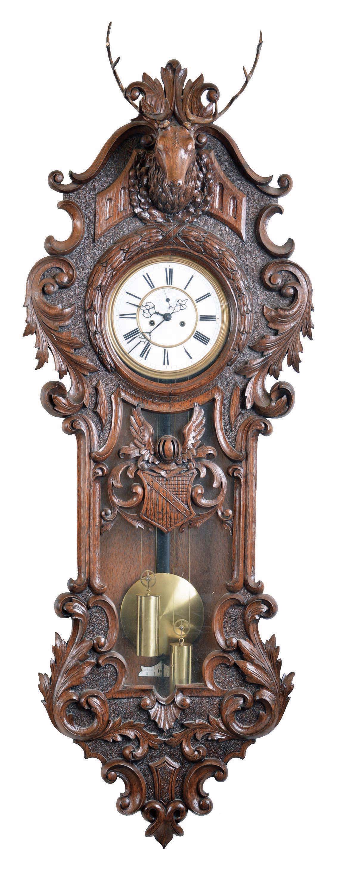 German, (an early, unsigned Gustav Becker) , 2-weight "Vienna" in profusely carved oak case featuring a stags head with antlers at top, #2251 — Antique Clocks Price Guide