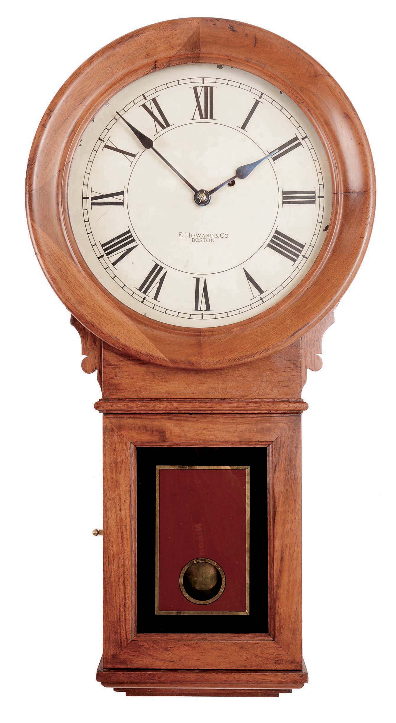 E. Howard & Co., Boston, Mass., "No. 70" wall clock with a weight driven 8 day brass movement regulator timepiece in a walnut case. — Antique Clocks Price Guide