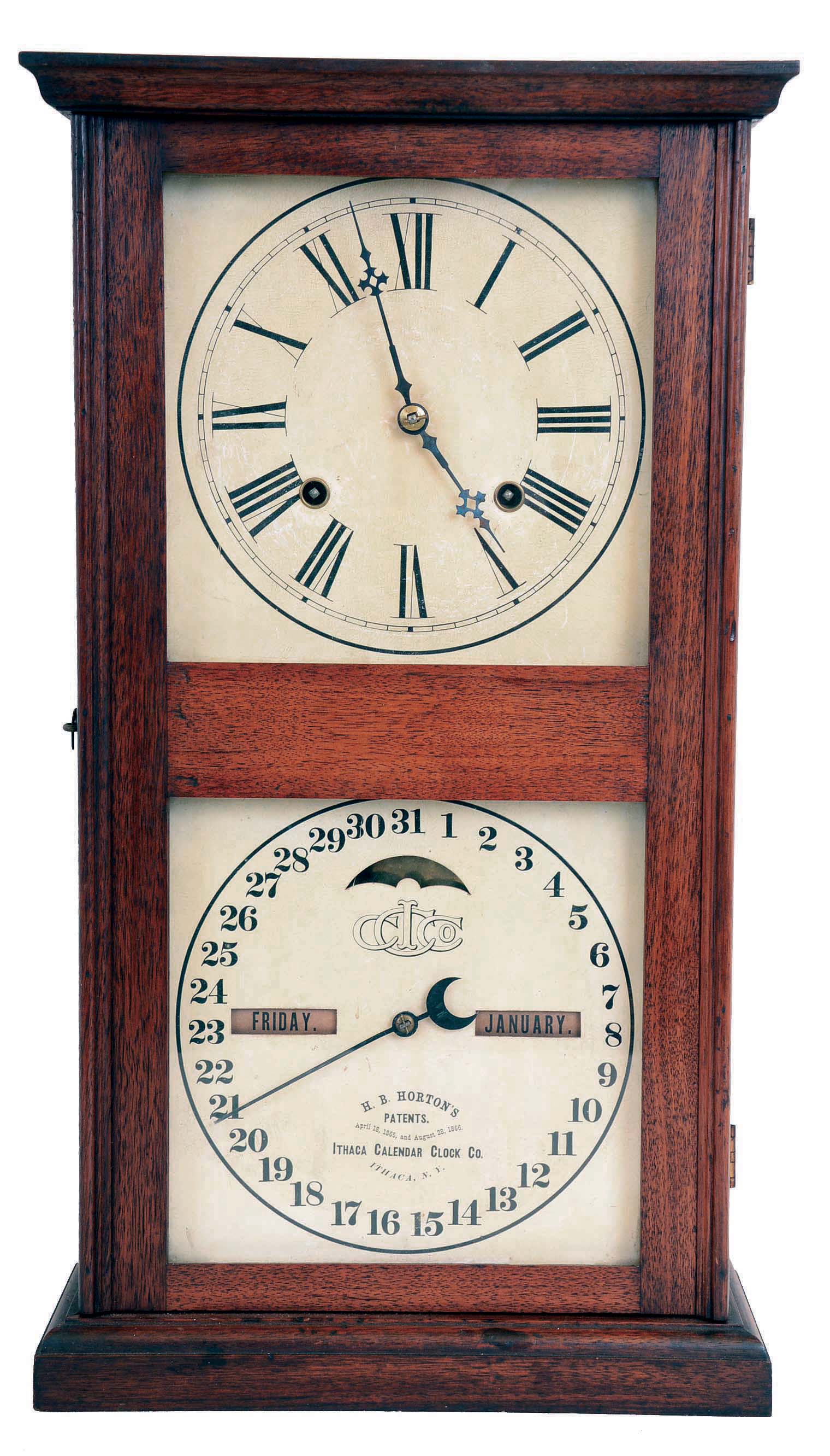 Ithaca Calendar Clock Co., Ithaca, NY, "No. 10 Farmer's" shelf clock with a spring driven 8 day time & strike movement (by E. N. Welch) with Horton's perpetual calendar mechanism. — Antique Clocks Price Guide