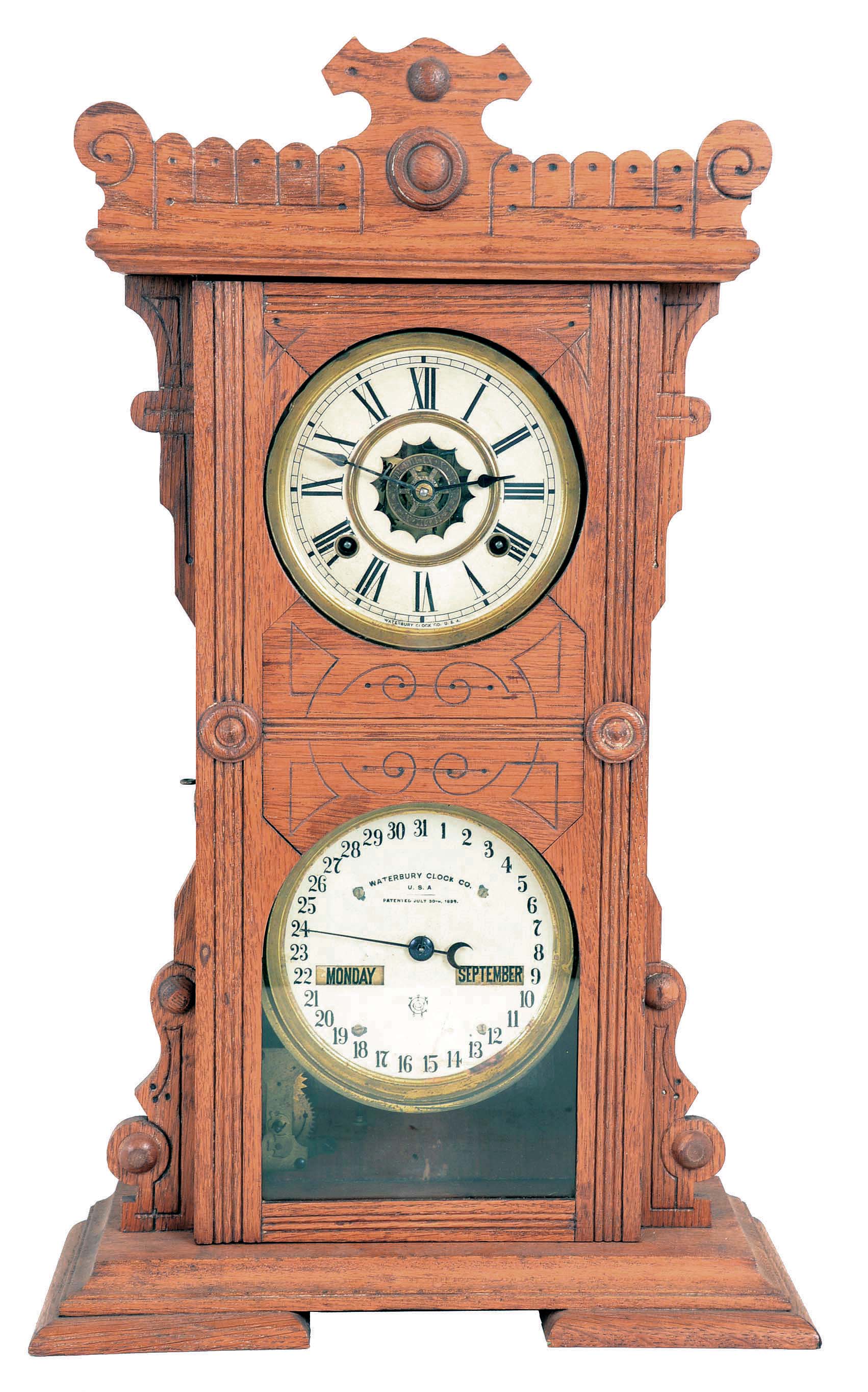 Waterbury Clock Co., Waterbury, Conn., "Calendar No. 44", 8 day, time and strike spring brass movement double dial calendar shelf clock. — Antique Clocks Price Guide