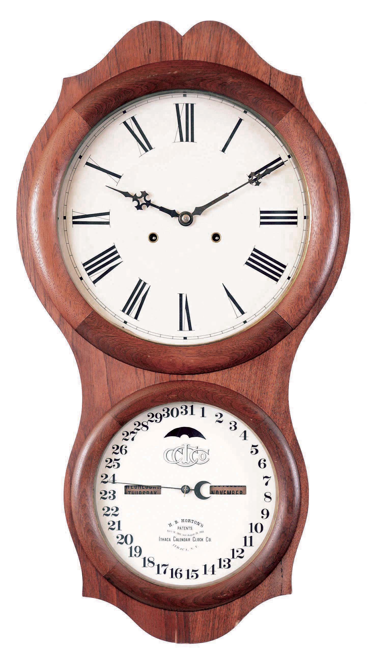 Ithaca Calendar Clock Co., Ithaca, NY, "No. 4 Hanging Office" 30-day double wind spring driven timepiece movement (by E. N. Welch) with a perpetual calendar mechanism in a walnut case. — Antique Clocks Price Guide