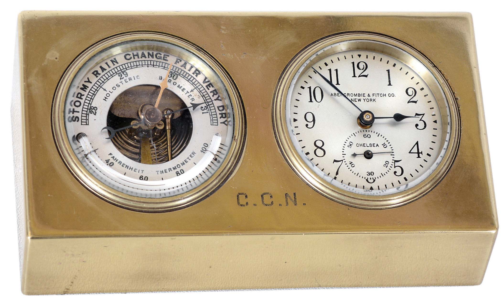 Chelsea Clock Co., Boston, Mass., "Hamilton", for Abercrombie & Fitch Co., New York, brass 8 day time only desk clock and barometer set, with curved thermometer, serial 181016 — Antique Clocks Price Guide