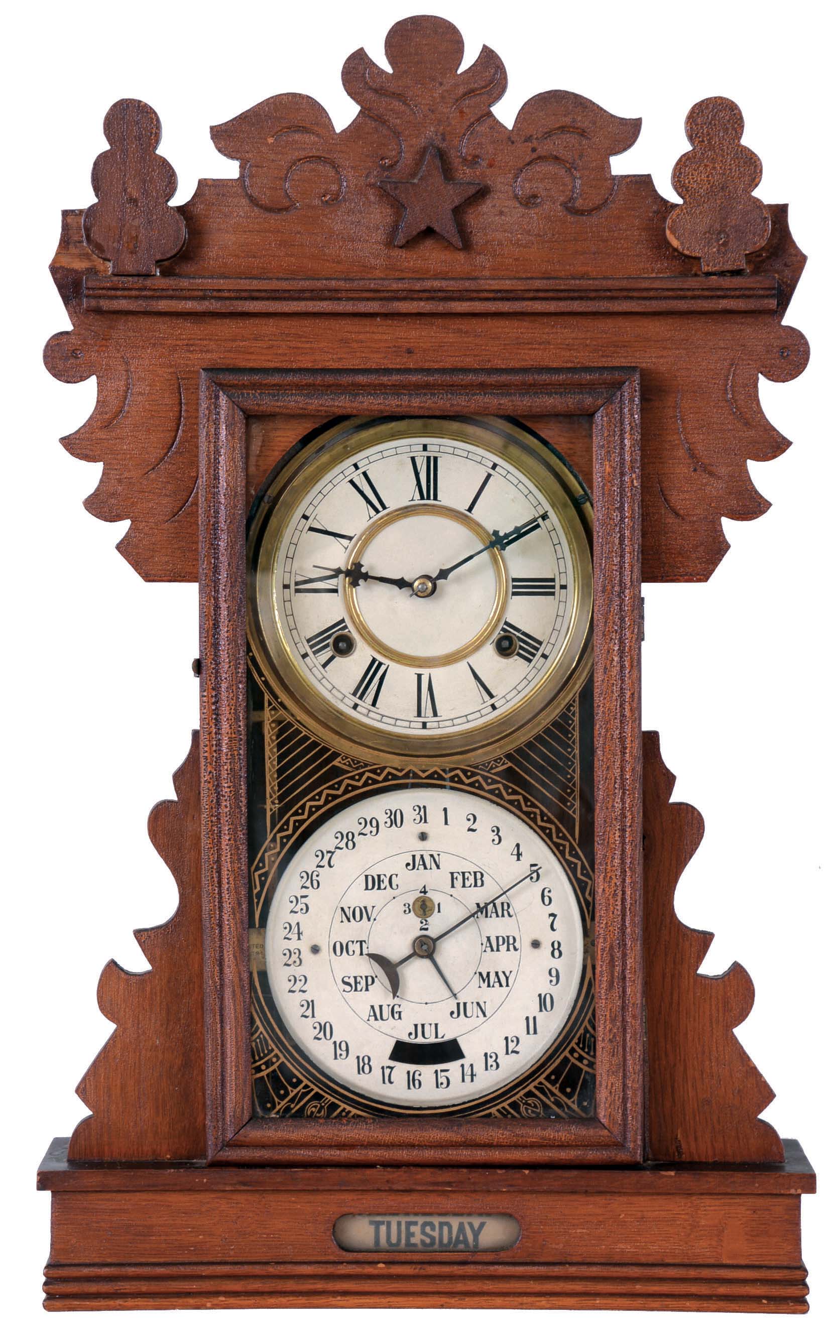 Charles W. Feishtinger, Fritztown, Penn., shelf clock with a spring driven 8 days time and strike movement (Waterbury Clock Co.) with a Feishtinger patented (1894) perpetual calendar mechanism in an oak case. — Antique Clocks Price Guide