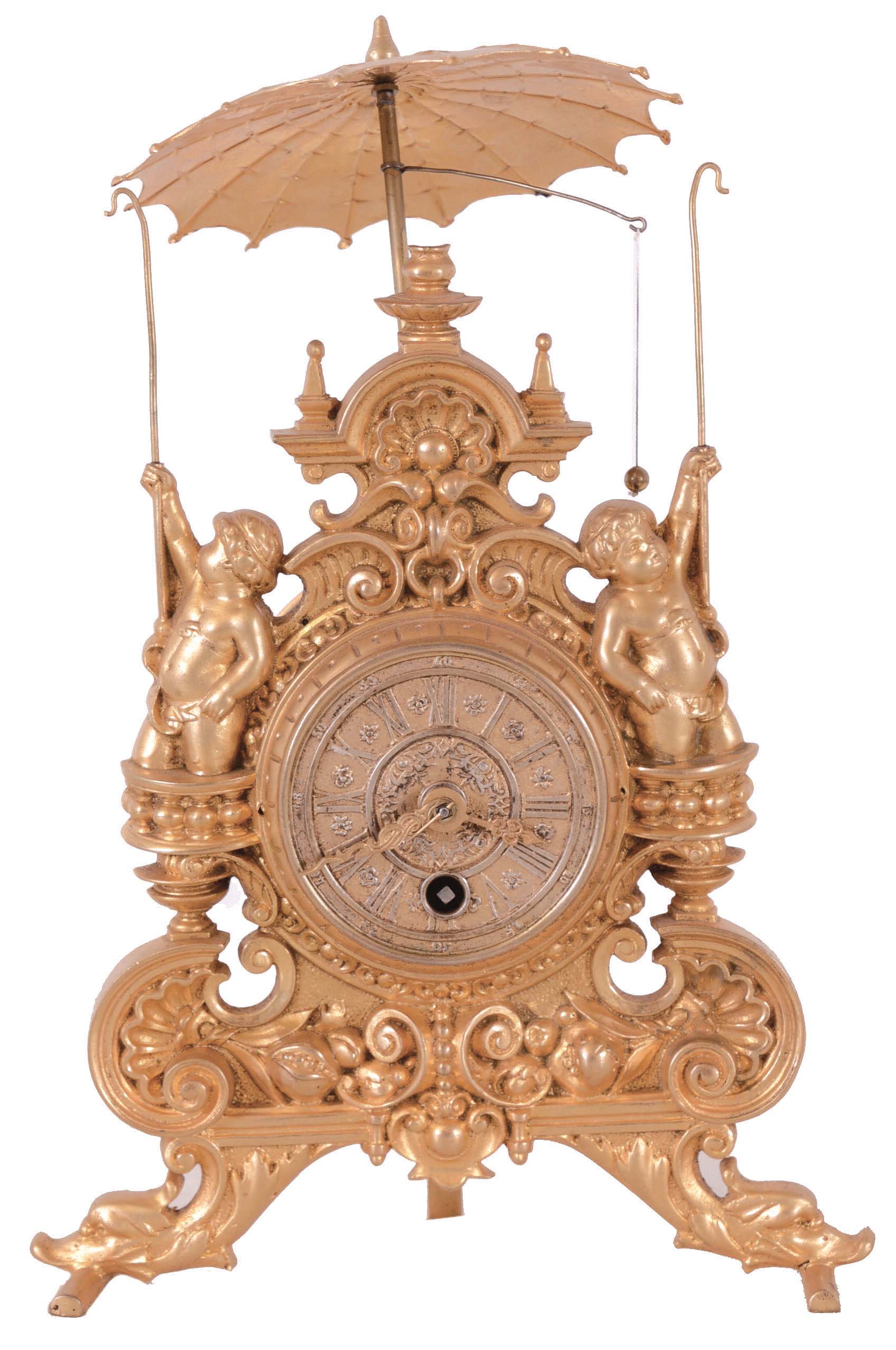Novelty clock, possibly German, gilt brass case with Baroque ornament, thirty hour timepiece movement with two trains run from a single barrel, one for the flying ball pendulum, alternately caught and released by the two staff wielding putti beneath a parasol, the second train with recoil escapement and pendulum controlling the timekeeping — Antique Clocks Price Guide