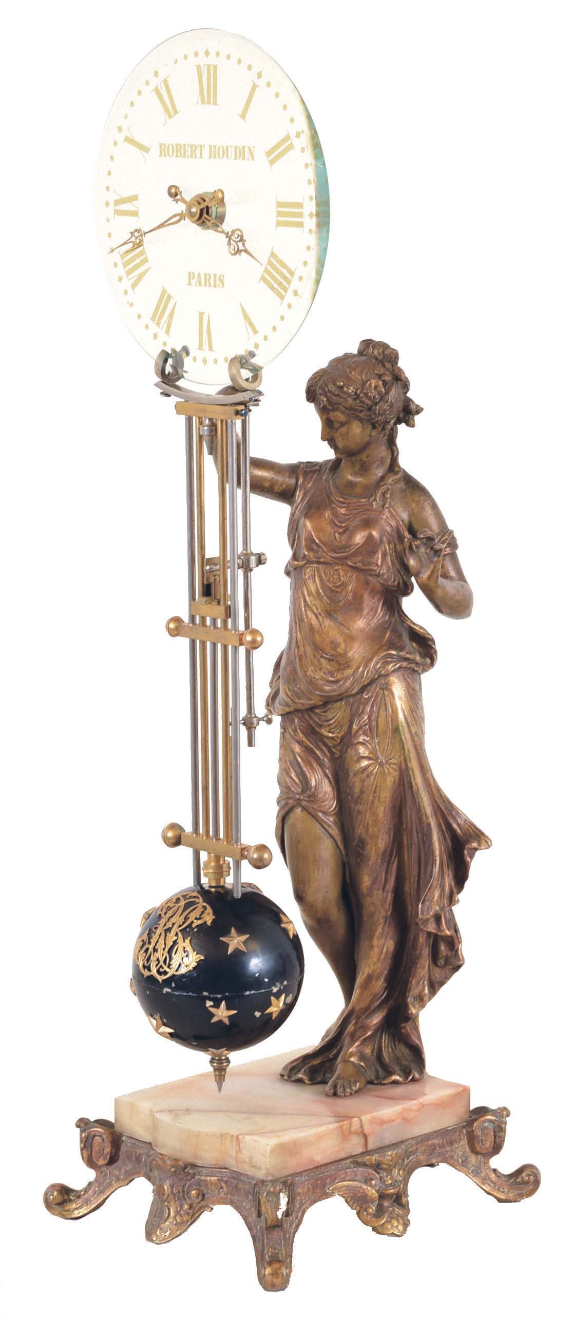 Robert Houdin, Paris, swinging clock with glass dial, the gilt spelter female figure on a marble base with gilt scroll feet, her right arm held aloft and supporting the swinging timepiece, with Roman numeral glass dial, bimetallic gridiron pendulum, terminating with a blue sphere and drop, mounted with gilt stars and cipher, and containing an 8 day brass timepiece, dial signed — Antique Clocks Price Guide