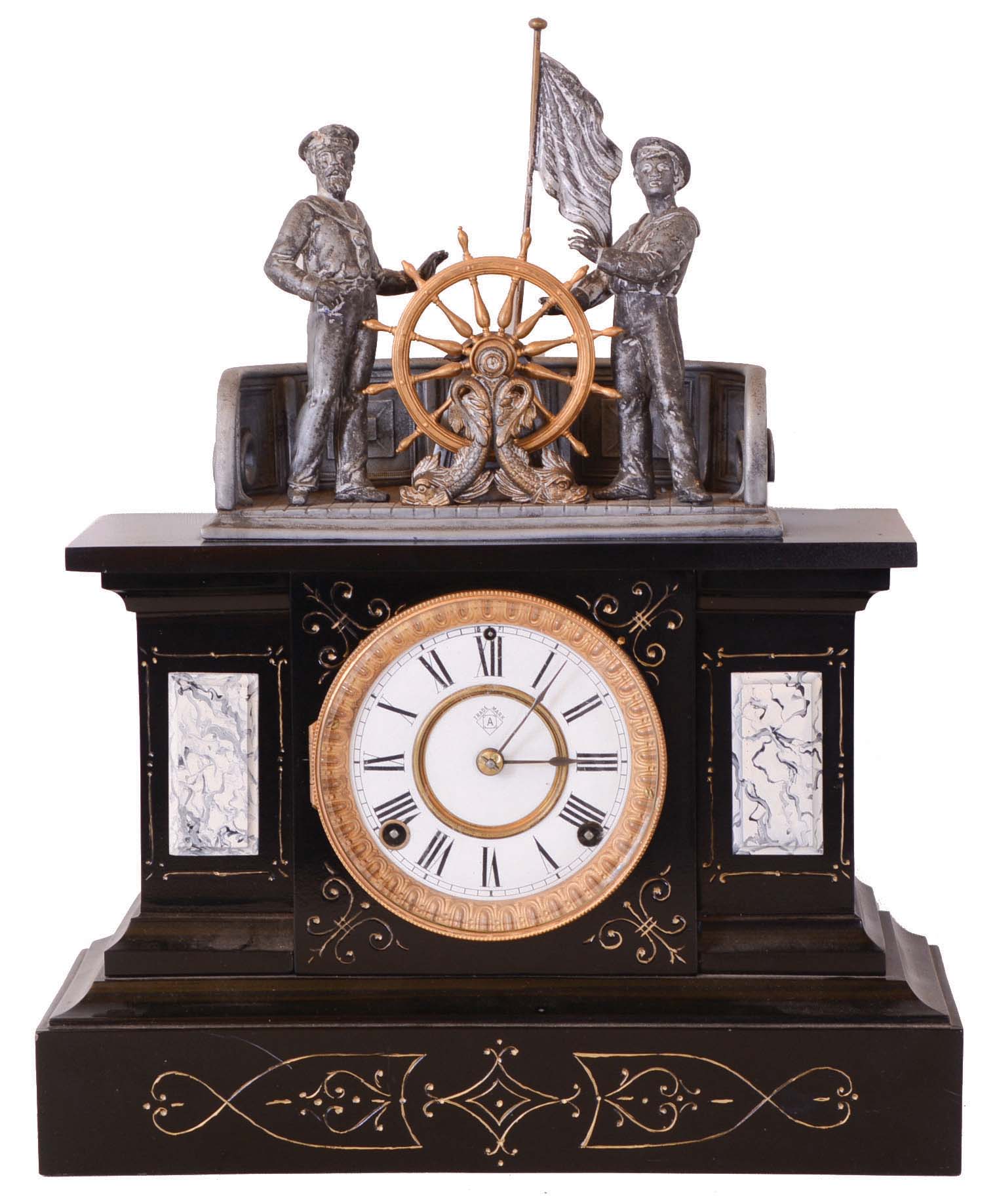 Ansonia Clock Co., New York, NY, "Mechanical Clock" shelf clock with spring driven 8 day time and strike movement in a cast iron case — Antique Clocks Price Guide