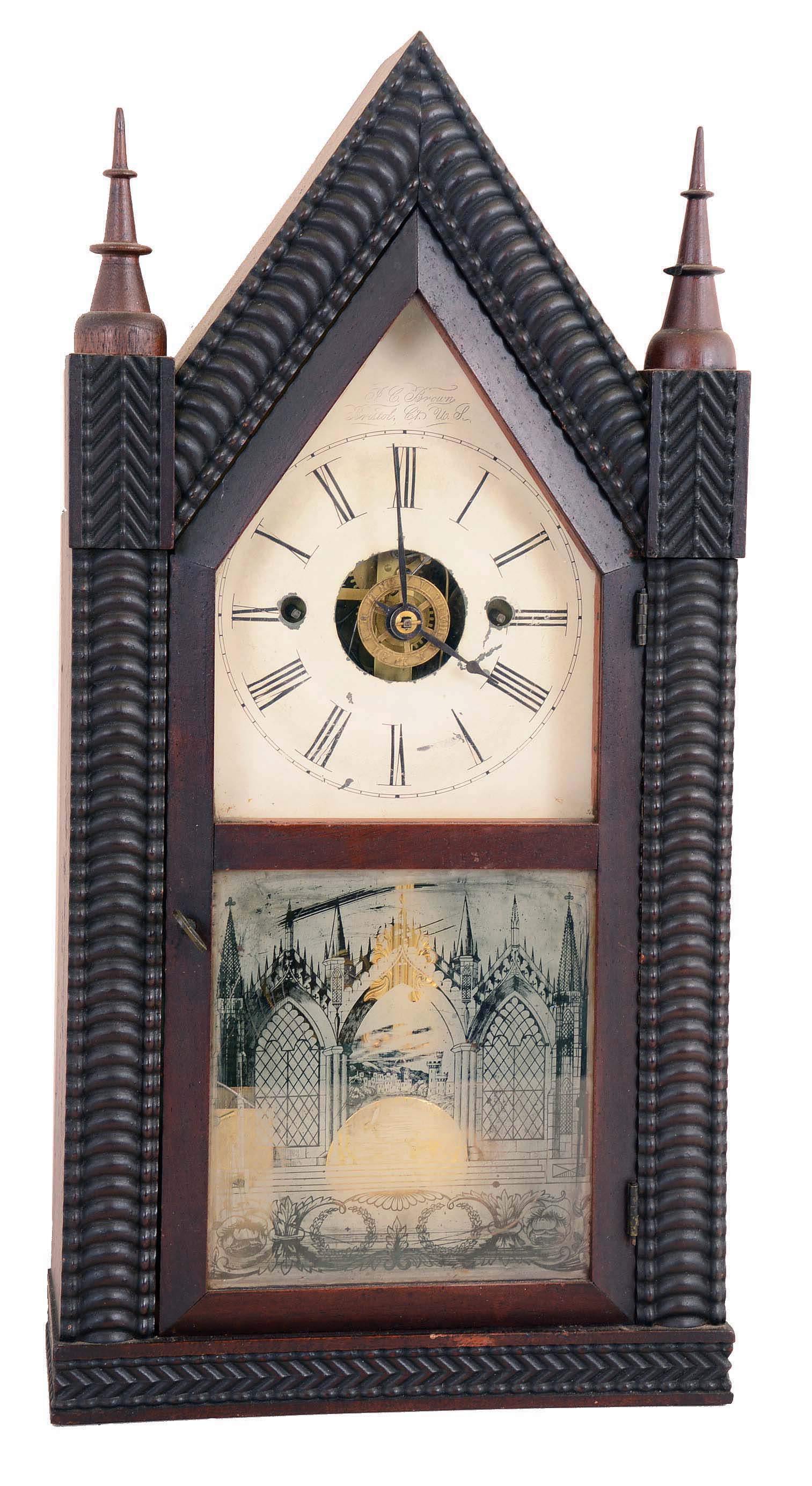 Forestville Mfg. Co., J.C. Brown, Bristol, Conn., 8 day, time, strike and alarm fusee-spring brass movement sharp Gothic or "steeple" clock. — Antique Clocks Price Guide