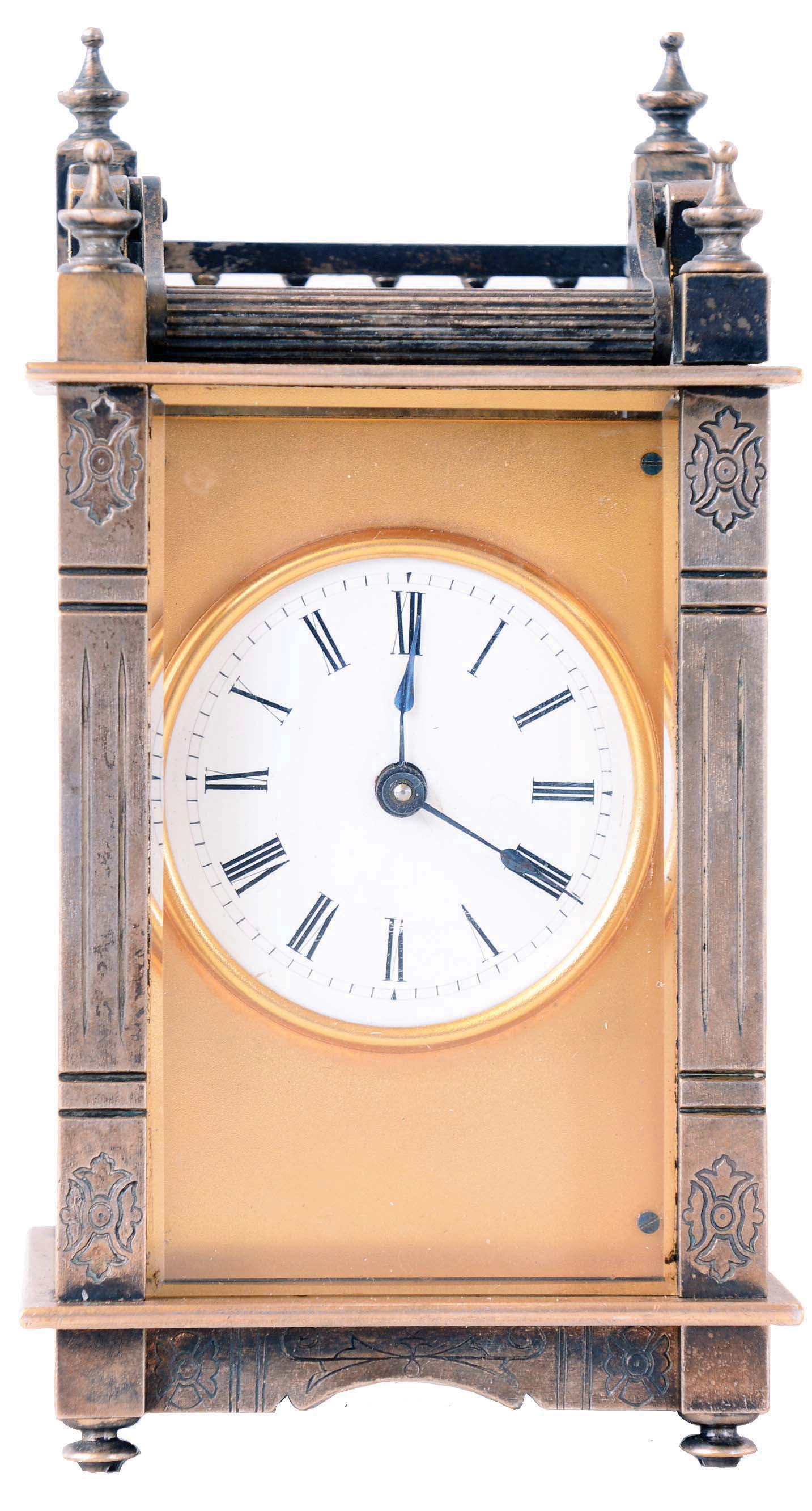 Boston Clock Co., Boston, Mass., "Queen Anne" model carriage clock, silvered brass case, Roman numeral white enamel dial with gilt mask, 8 day timepiece movement — Antique Clocks Price Guide