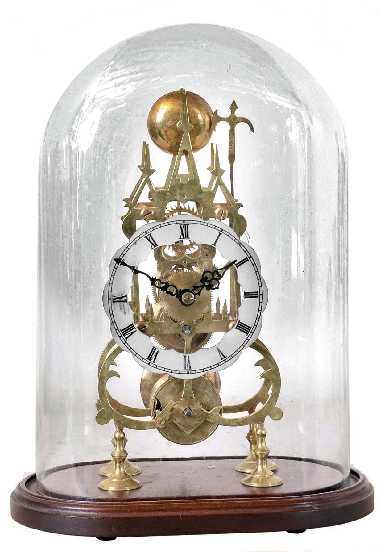 Skeleton clock, cathedral form brass frame with single train fusee movement, mounted to a wooden base with brass dome, 20th century — Antique Clocks Price Guide