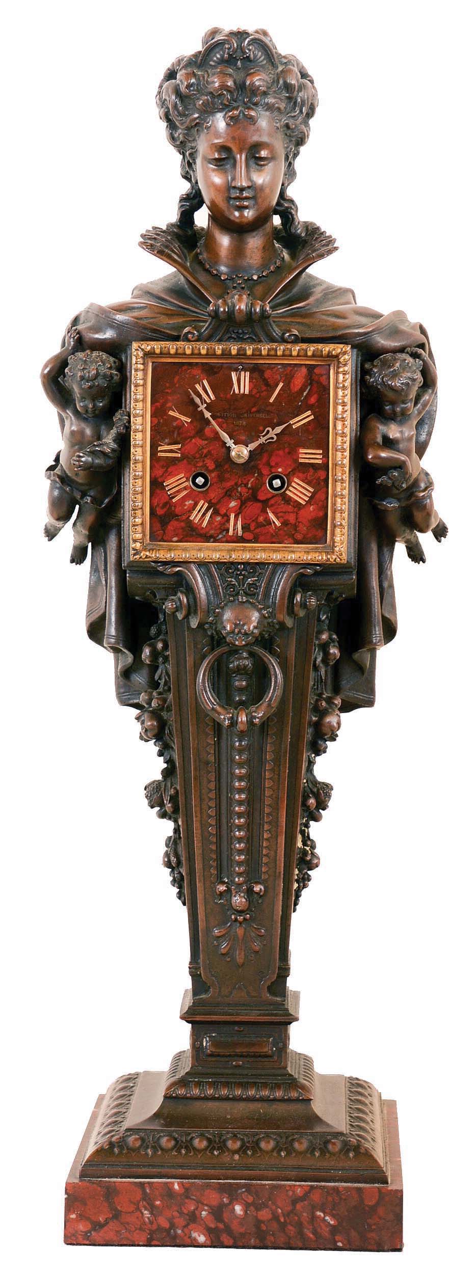 French, Blot & Drouard, Paris, 8 day, time and strike spring brass movement spelter case with a bronze finish figural mantel clock. Red marble dial reads "Exposition Universalle 1878, Paris". — Antique Clocks Price Guide