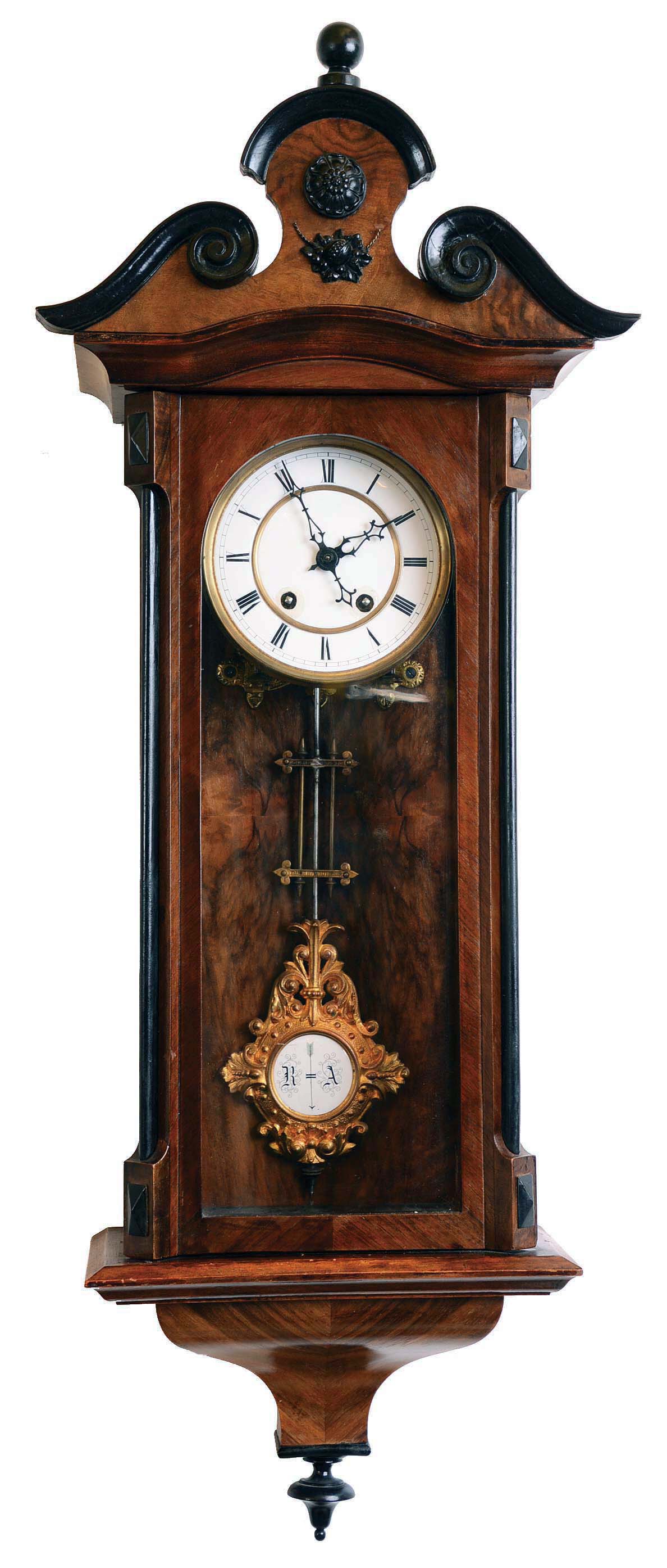 Clocks- 5 (Five) wall, 8 day: (1) Lenzkirch walnut time and strike spring wound R/A; (2) Seth Thomas Clock Co., "Office No. 5" oak time only gallery clock, c1904; (3) French pressed brass time only hanging clock, cartouche numbers, tic-tac pendulum; (4) German Vienna Regulator 3 weight quarter striking wall clock (in pieces) , c1890; (5) Remember, Germany two weight miniature Vienna regulator in a walnut case — Antique Clocks Price Guide