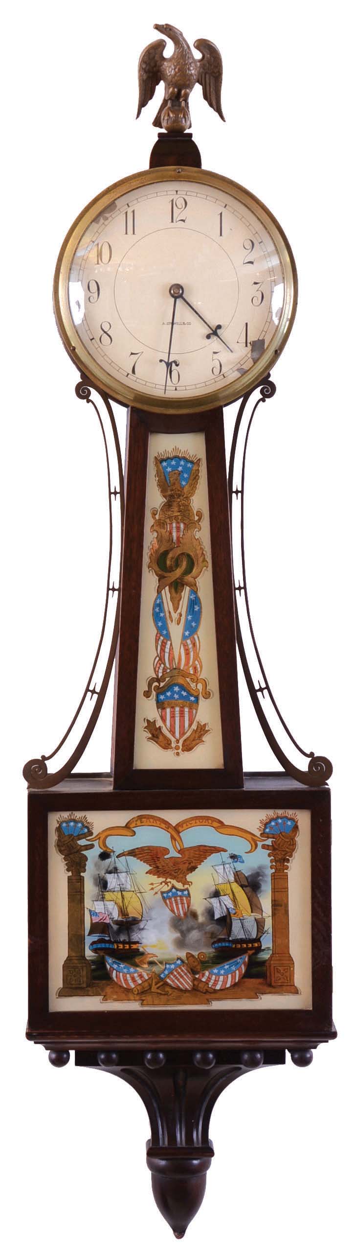 Waltham Watch Co., Waltham, Mass. 8 day, spring lever movement patent or banjo timepiece retailed by A. Stowell & Co. Case is stamped "84" — Antique Clocks Price Guide