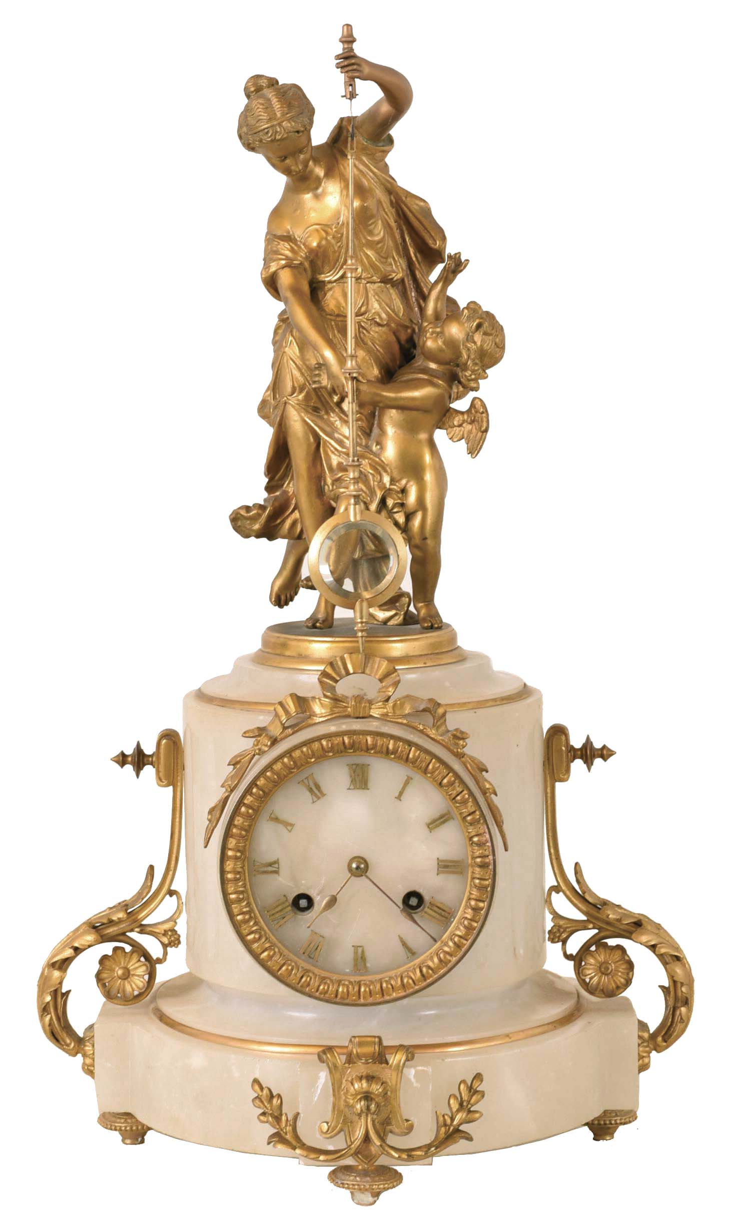 Guilmet, France, mystery clock, the cylindrical, fluted alabaster case with gilt, foliate ornament and resting on toupie feet, surmounted by a gilt figural group representing the punishment of Amor, signed "Ph. Mourey", the female figure with left arm held aloft, and suspending the pendulum, which receives impulse through the nearly imperceptible movement of the gilt base on which the figures stand, alabaster dial with applied, gilt Ro numerals, gilt spade hands, 8 days time and strike movement with crank and stirrup escapement, back plate with Guilmets mark, and numbered 890 — Antique Clocks Price Guide