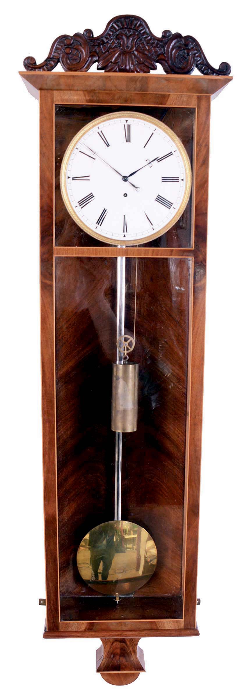 Austrian, 6-light, "Vienna Regulator", 8 day timepiece in a slender mahogany case with satinwood banding, carved top — Antique Clocks Price Guide