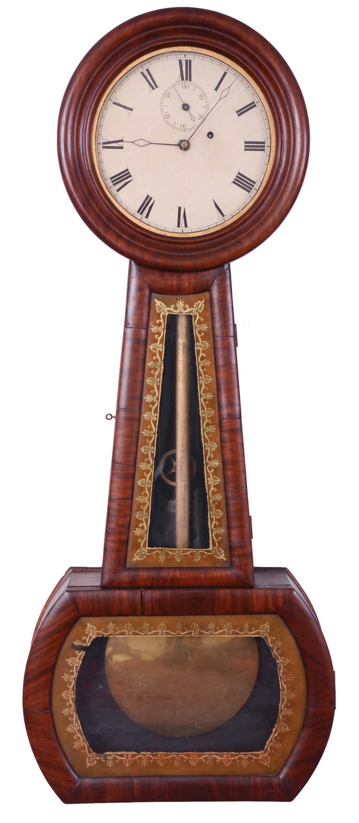 American, New England (size and style of a Howard "No. 1") banjo wall timepiece regulator, probably Boston area or New Hampshire (possibly from one of the Willard shops or by one of their apprentices): The 8 day weight driven precision movement has an unusual pendulum rating and anti-friction crutch mechanisms. Mahogany and mahogany veneered case with a hinged throat panel and lower tablets that are reverse painted. Unsigned painted metal dial. — Antique Clocks Price Guide