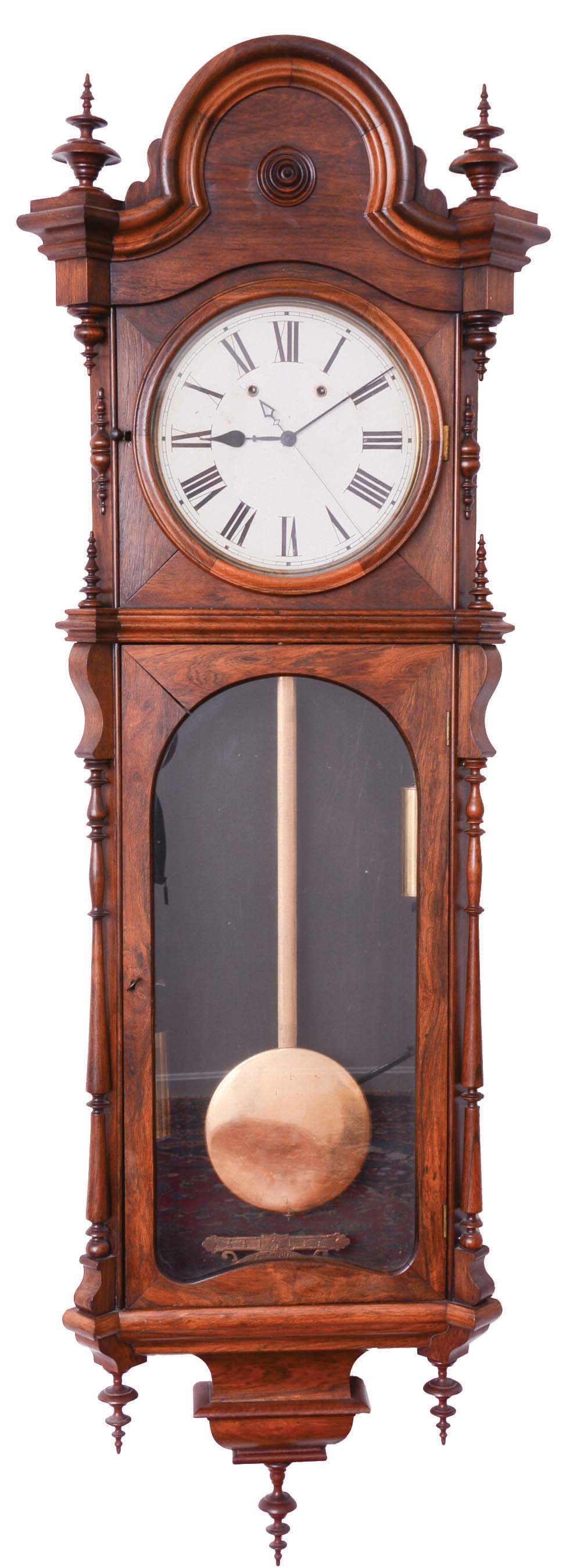 Welch, Spring, & Co., Forestville, Conn., "Regulator No. 1", jeweler's regulator 8 day double weight wall timepiece with a rosewood veneered case with a 12 inch painted metal dial. — Antique Clocks Price Guide